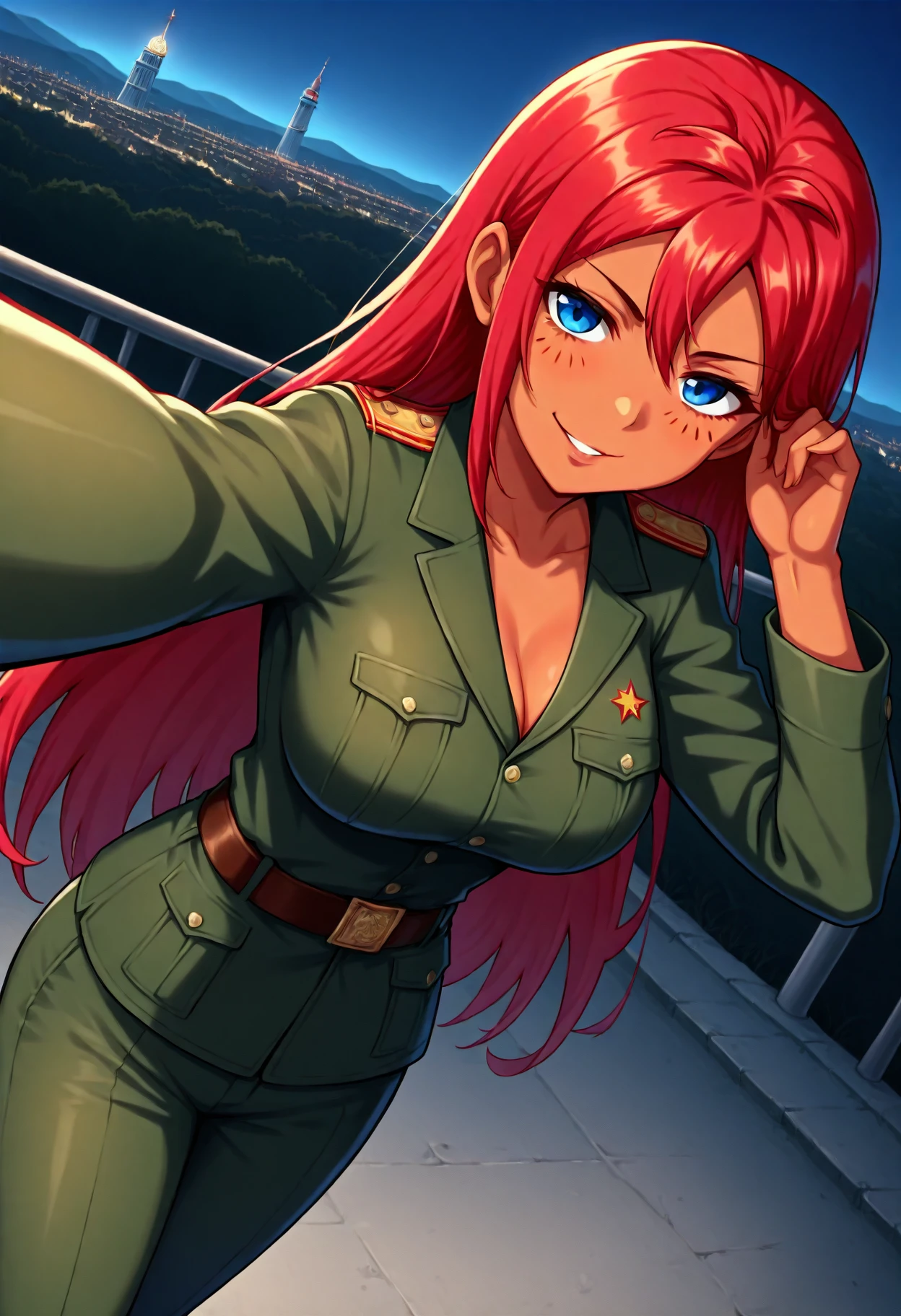 <lora:USSRIll+-000009:1>
atmospheric perspective, dutch angle, from above, low light, night, dark,
USSRIll, adult, 1girl,blue eyes, red hair, freckles, (dark-skinned female:0.8), long hair, large breasts,  smug, parted lips, smile, taking_selfie, reaching towards viewer, 
moscow, 
belt, green jacket, green pants, holding, adjusting hair, jacket, looking at viewer, military, military uniform, outdoors, pants, soldier, soviet,
(perfect quality, best quality, masterpiece, absurdres, newest),