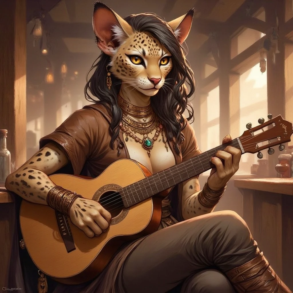 Dnd, a female tabaxi character with a playful yet intelligent look, rendered in a digital painting style with soft lighting and brush strokes. Cat face, slender long body. She is sitting in a tavern, in a relaxed and confident pose and holding a guitar in her hands. The tabaxi has light beige or tanned skin with a leopard-like muzzle, with characteristic spots similar to leopards. She has large, amber-colored, almond-shaped eyes. Her hair is black, slightly curly, styled back. She has large, pointed ears with spots similar to leopard ears. She is adorned with gold jewelry, including bracelets. She is dressed in a brown top and tight pants. The clothes should reflect the ethnic style. D&D character, fantasy art, intricate details, airy, soft lighting, Greg Rutkowski, Alphonse Mucha