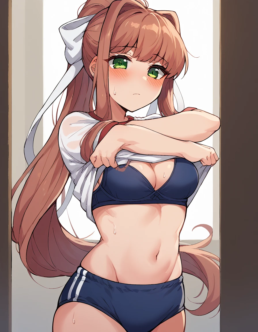 score_9, score_8_up, score_7_up, source_anime, <lora:ddlc-monika-ponyxl-lora-nochekaiser:1> ddlcmonika, blunt bangs, brown hair, green eyes, long hair, ponytail, ribbon, white ribbon, hair ribbon, sidelocks, medium breasts, <lora:undressing-crossed-arms-ponyxl-lora-nochekaiser:1>, undressing crossed arms, shirt, navel, cleavage, underwear, white shirt, sweat, clothes lift, bra, shirt lift, undressing, lifted by self, gym uniform, buruma, indoors, blush,, cowboy shot, solo,