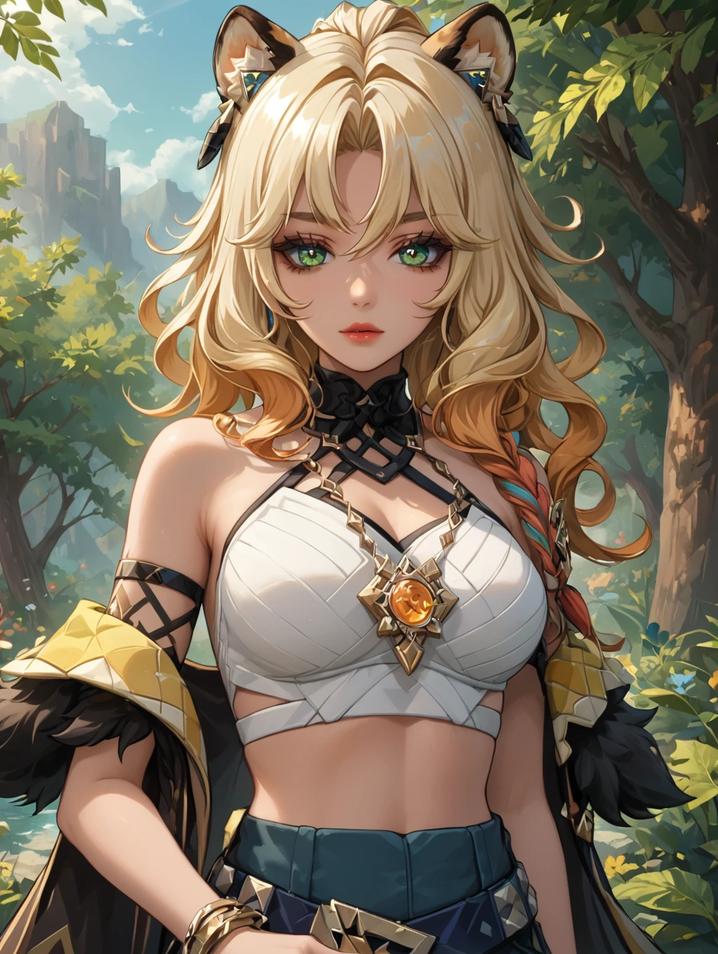 1girl, xilonen (genshin inpact), xilonen, (official mihoyo), (genshin inpact), green symbol eyes, tiger tail, crop top, off shoulder cape, <lora:XilonenPony:0.6>
looking at viewer, hands on hip, waist up shot,