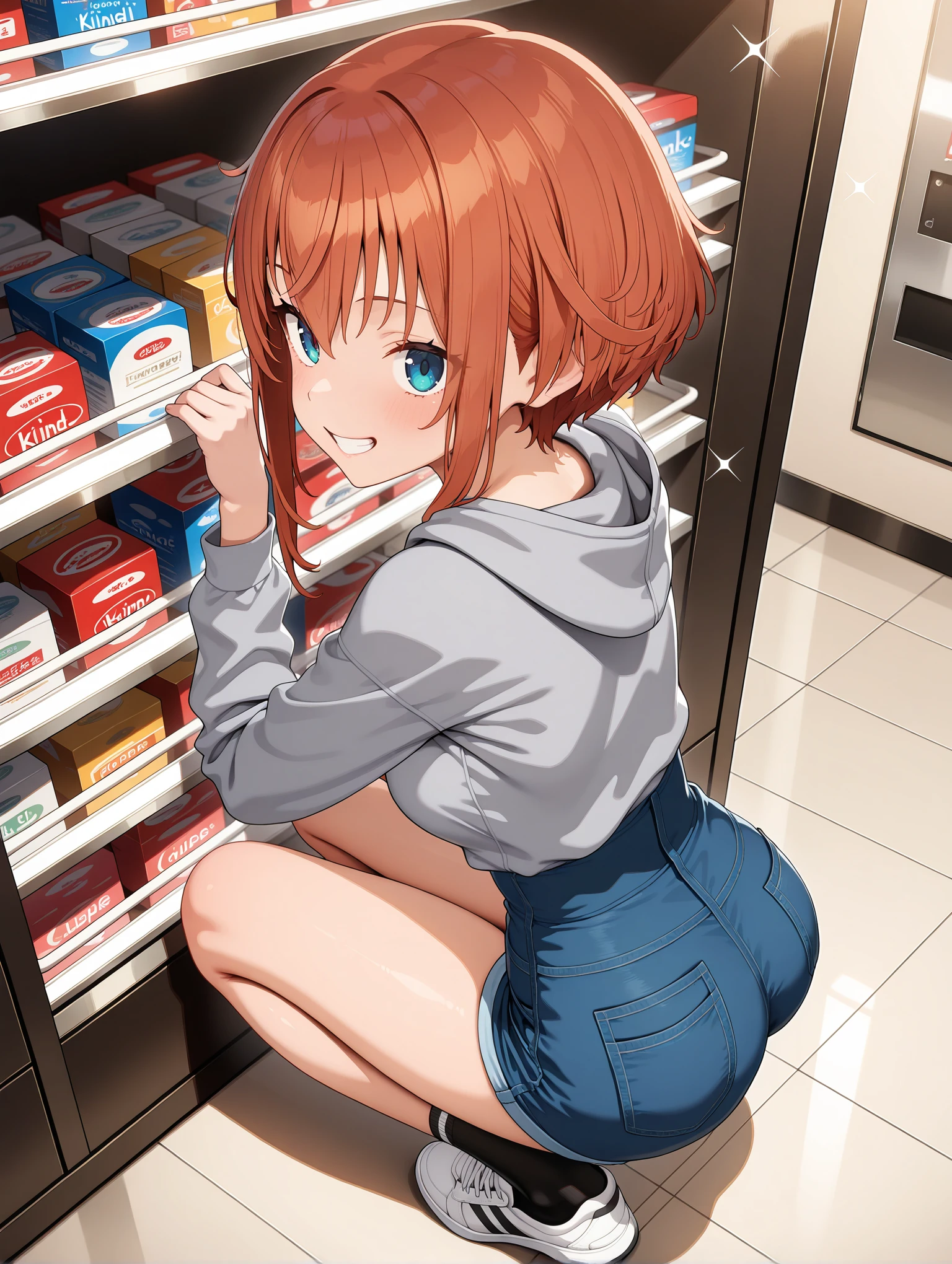 masterpiece,best quality,good quality,newest,
solo,1girl,
<lora:sugumi_ilxl_v1.2:1>,sugumi,imagine,gray hoody,high-waist denim shorts,black socks,sneakers,
<lora:Fixhands_anime_bdsqlsz_V1:1>,looking_at_viewer,dynamic_angle,cinematic_angle,squatting,looking_up,from_above,kind_smile,from_side,looking_back,from_back,product shelf,grin,sparkle,inside the store,