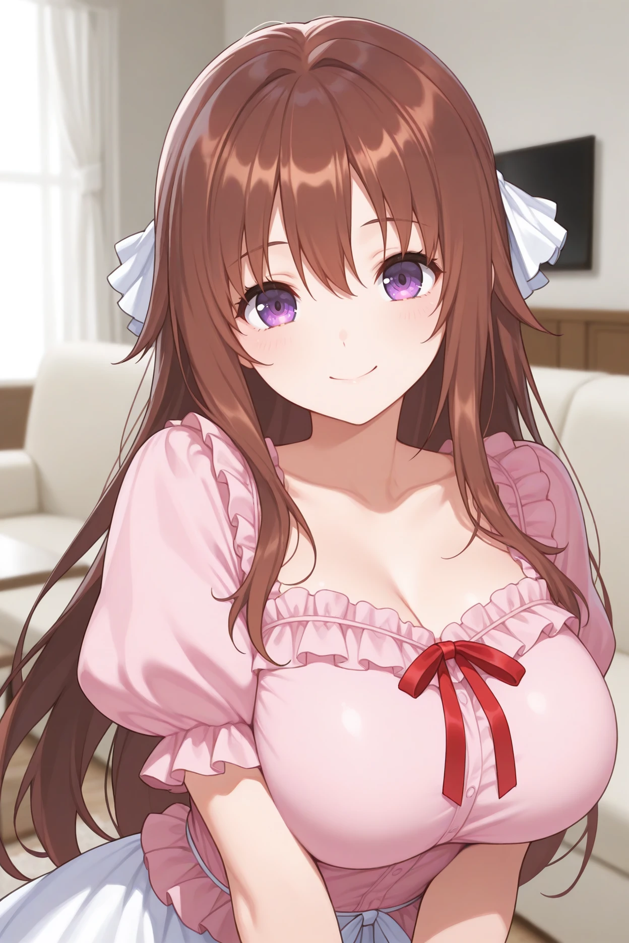 masterpiece, best quality, 1girl, solo <lora:csayuu-illu-nvwls-v1-000005:1> csayuu, brown hair, long hair, purple eyes, hair ribbon, white ribbon, pink shirt, puffy sleeves, frills, red ribbon, white skirt, big breasts, looking at viewer, happy, upper body, living room