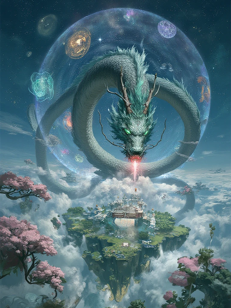 Use an Eastern aesthetic style. A cosmic serpent coils through the night sky, its body made of constellations and nebulae. Traditional Chinese zodiac symbols orbit around it, each one pulsing with celestial energy. Below, a vast temple complex floats on clouds of jade, its architecture defying gravity. Cherry blossom trees grow upside down from floating islands, their petals falling upward toward the stars. Ancient scholars' scrolls unroll through the air, their text transforming into living creatures of light and shadow.