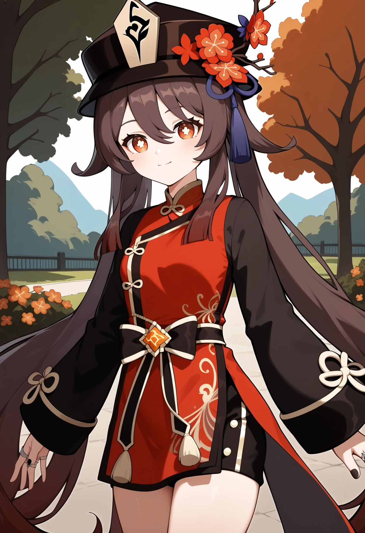score_9, score_8_up, score_7_up, score_6_up, score_5_up, score_4_up, source_anime, aahutao, long hair, brown hair, twintails, porkpie hat, black headwear, hat flower, red eyes, flower-shaped pupils, small breasts, red dress, long sleeves, black sleeves, ring, black bow, black shorts, <lora:hu_tao_(genshin_impact)_ponyxl_v1:0.9>, standing, cowboy shot, outdoors, park,