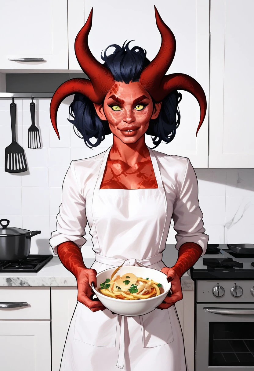 score_9, score_8_up, score_7_up Demon Lisa  cooking in a kitchen eyes on viewer