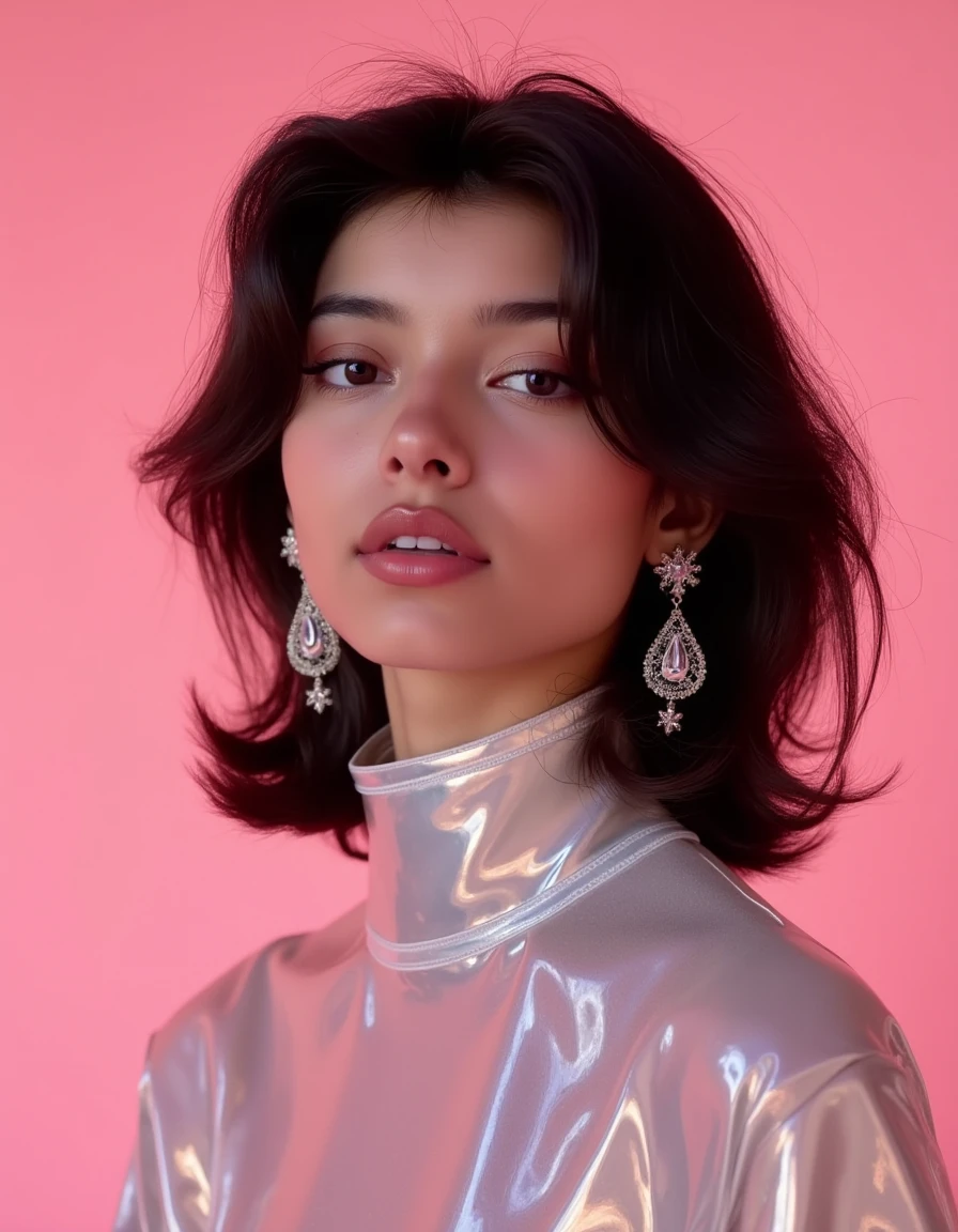 The reflective surfaces of her earrings and outfit create a dynamic interplay with the environment, emphasizing her sleek presence. The minimalist background allows the viewer to focus on her eye-catching fashion and makeup. Captured with a Sony A7R IV camera and a 50mm f/1.2 G Master lens for a beauty editorial shoot, this composition highlights her fashion-forward aesthetic. Inspired by avant-garde fashion photography from Sølve Sundsbø, this image blends contemporary fashion and minimalist elegance, embodying mythp0rt and niji_flux styles for a sleek, high-fashion vision. ((glow_skin, iridescent skin, oily skin, black hair, portrait)).  Pale pink background.