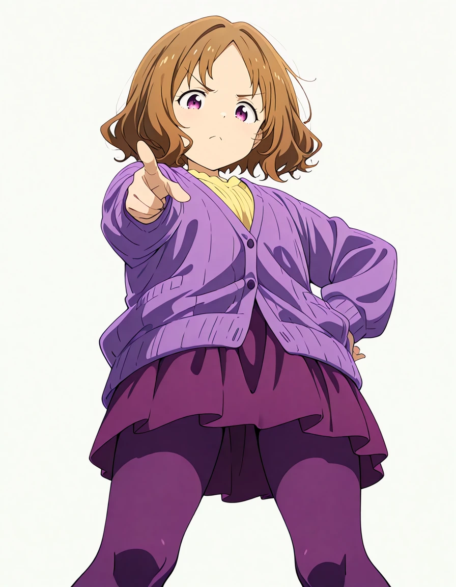 1girl, standing, looking down, v-shaped eyebrows, pointing at viewer, hand on hip, from below, 
amanatsu sensei, brown hair, purple eyes, short hair, parted bangs, purple cardigan, yellow shirt, long sleeves, purple skirt, purple pantyhose, 
white background, simple background, 
masterpiece, best quality, anime coloring, [flat color:0.4], official art, thin outline,  
<lora:amanatsu_sensei_Illustrious-XL-v0.1_came_720_v1.0:1>