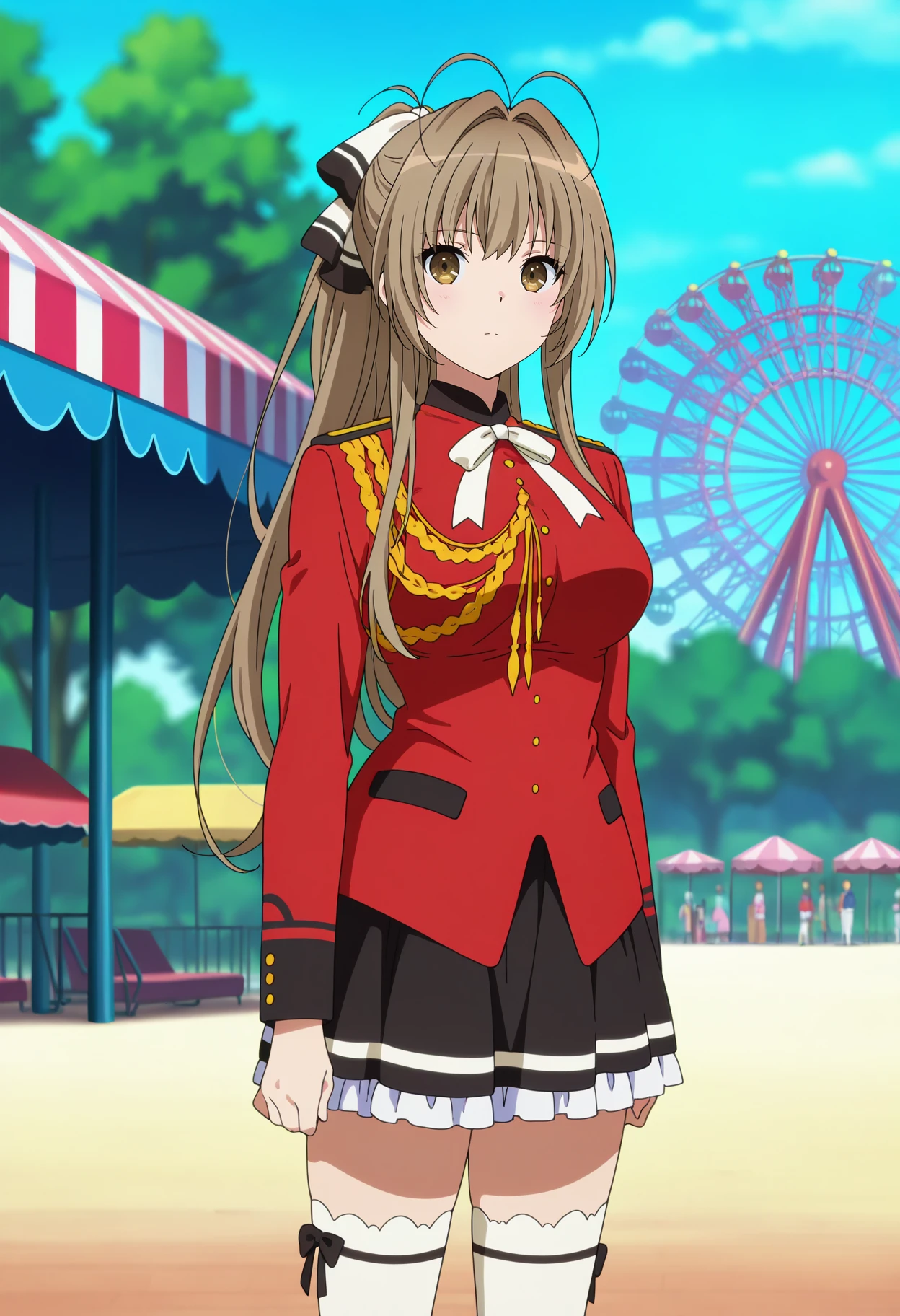 anime screencap, masterpiece, best quality,
<lora:AmagiBrilliantPark_SentoIsuzu_IlluXL:0.9>,
1girl, solo, closed mouth,
long hair, ponytail, brown hair, antenna hair, hair intakes, brown eyes, hair bow,
SentoUniform, red jacket, epaulettes, aiguillette, neck ribbon, white ribbon, long sleeves, multicolored skirt, frilled skirt, black skirt, white thighhighs,
arms at sides, standing, looking at viewer, cowboy shot,
blurry background, outdoors, amusement park, ferris wheel, day