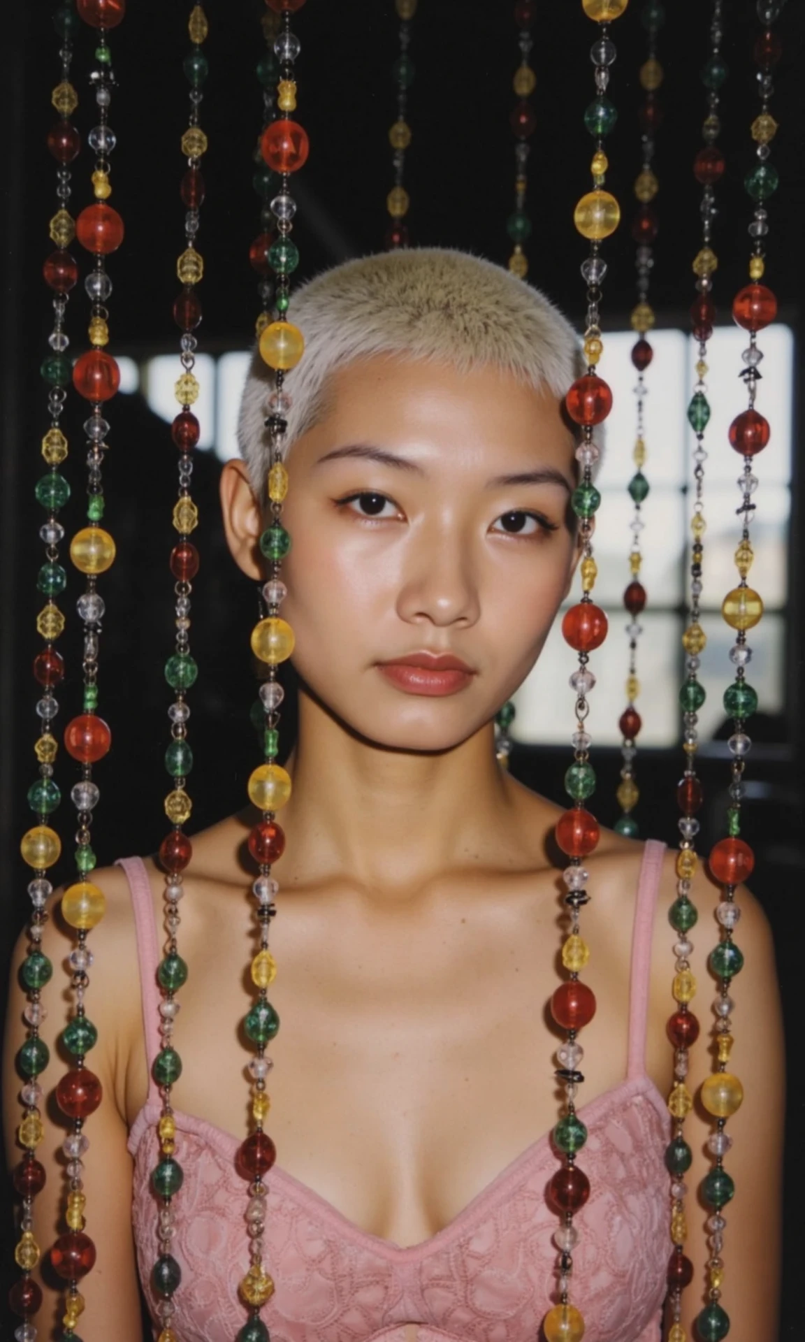 photo-fen, polaroid style, a portrait photo of a young woman wearing a light fuchsia lace tank top with her very short white hair, parted lips, she looks calm and is looking at the camera, Big chest, in front of her is a row of bead curtains hung with colorful glass balls in red, green, yellow, and transparent colors, adding some color to the entire scene. the background is an indoor environment, and the overall atmosphere is somewhat dim, with white light seeping in from the window, Film grain