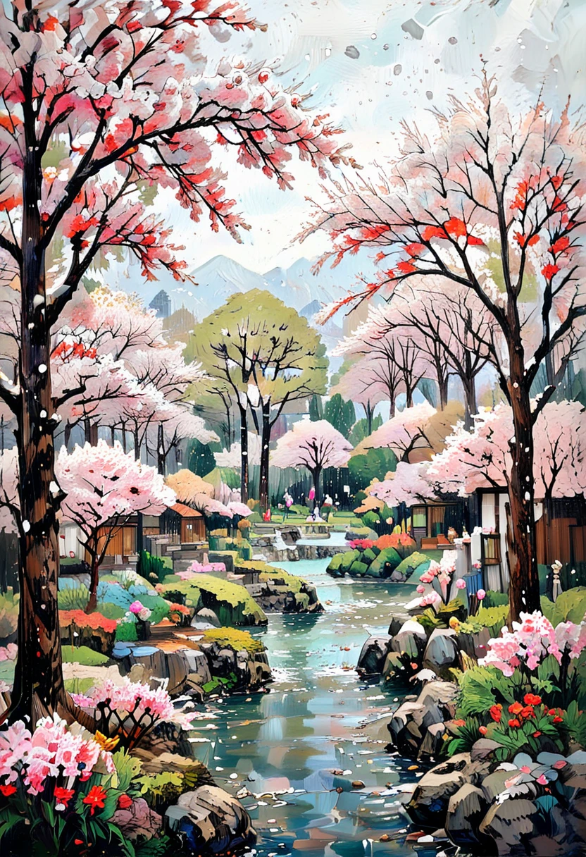 A picturesque Japanese garden in spring with cherry blossoms falling like snow, Nature and Landscapes,in memadukan_painter art style, <lora:Memadukan_Brush_Strokes_of_Fineart_SDXL:1.0>, memadukan_painter, Brush Strokes, Impasto