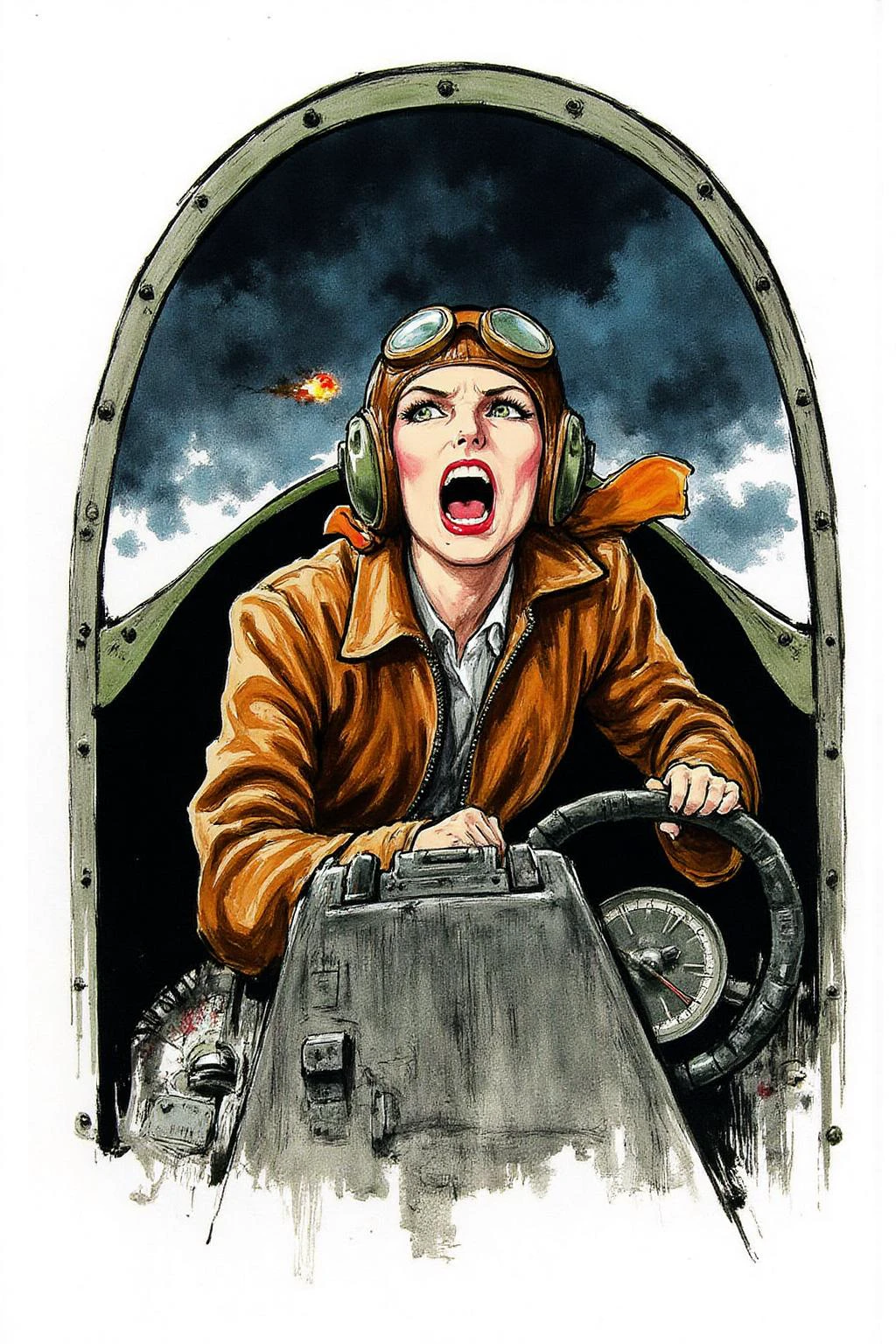 regr1 sketch A female pilot screaming inside the cockpit of a WWII bomber. The pilot, wearing a vintage leather flight helmet with goggles and a bomber jacket, grips the controls with white-knuckled hands. Her face is contorted in a mix of fear and determination as she yells, her eyes wide with adrenaline. The cockpit is cramped and filled with old-fashioned dials and gauges, with the outside view showing dark stormy clouds and distant anti-aircraft fire.
background is stark white <lora:regr2_fashion_nocap_d6a3:1.0><lora:807703325106742784:0>
