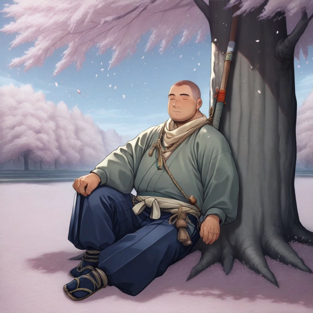 Detailed, masterpiece, detailed background, full body, solo male, Norio, shaved head, stubble, Japanese clothing, spear, weapon on back, outdoors, detailed, leaning against tree, relaxing, cherry blossom, falling petals, windy, scenery,