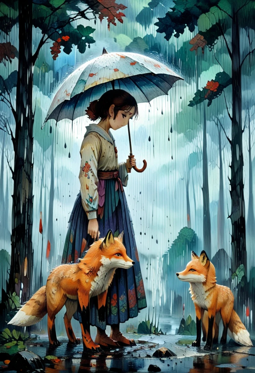 A girl holding an umbrella for a fox spirit as rain softly falls in a misty forest, Anime, Romantic and Heartwarming,in memadukan_painter art style, <lora:Memadukan_Brush_Strokes_of_Fineart_SDXL-000004:1.0>, memadukan_painter, Brush Strokes, Impasto