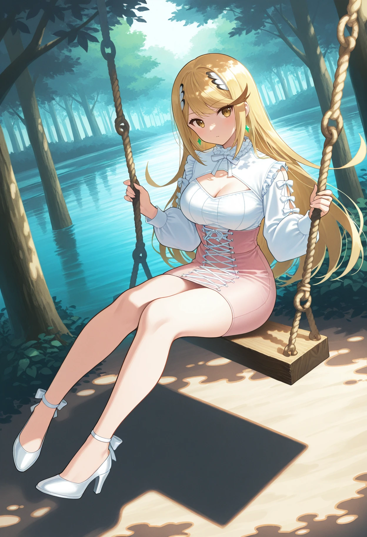 1girl, solo, Mythra,  full body, high heels, pencil skirt, white laces,  cleavage cutout, pink clothing, cross-laced clothing, dappled sunlight, soft cotton fabric, fine fabric emphasis, lace, frills, bows, sitting on swing, forest, lake, hard shadows,  <lora:Outfit_soph-CrossLacedSkirt39-ILXL:0.8> posing, dynamic angle, masterpiece, best quality, very aesthetic, newest