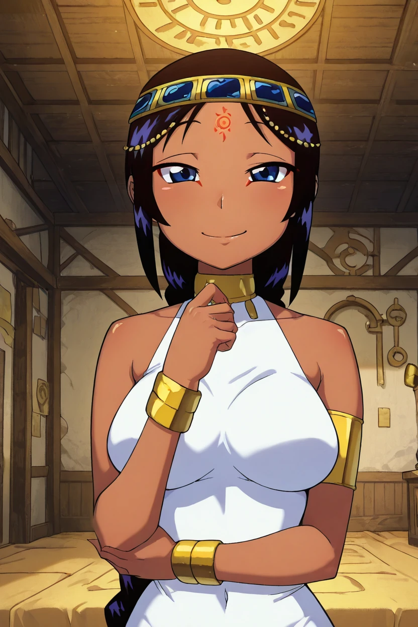 masterpiece, best quality, solo, curvy, beautiful eyes,zzSerket, black hair, dark skin, large breasts, dress, bare shoulders, jewelry, very long hair, bracelet, single braid, circlet,  <lora:SerketTakatsuIXL:1.0>, upper body, smile, looking at viewer, shiny skin,<lora:TTitansStyleIXL:1.0>,