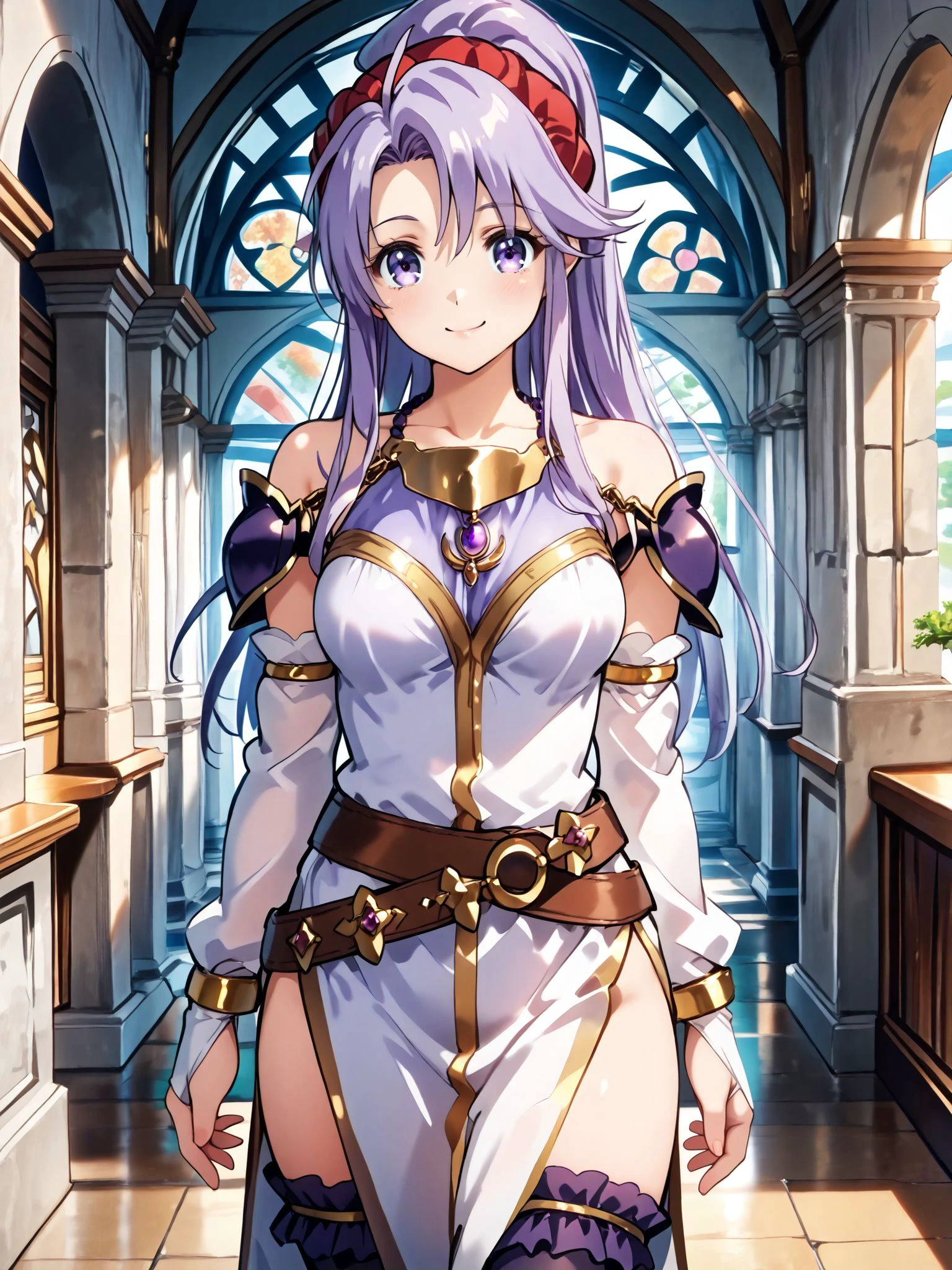 masterpiece,best_quality,1girl,solo,<lora:tailtiu feh 3outfits_illustriousXL:0.8>,tailtiu feh,shoulder armor,white bridal gauntlets,jewelry,purple dress,belt,side slit,purple thighhighs,cowboy shot,standing,smile,looking at viewer