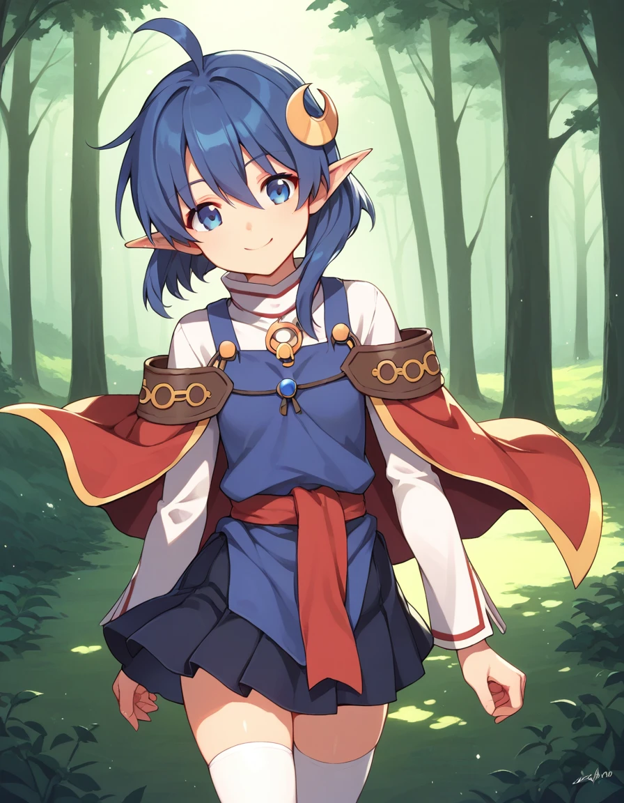 <lora:so2rena_SDXL_pony_fp16:1>,so2rena, 1girl, skirt, blue hair,blue eyes, ahoge,crescent hair ornament, red cape, cape,white thighhighs,smile,forest,big tree,front view,, score_9, score_8_up, score_7_up, BREAK source_anime, rating_questionable, best quality, masterpiece, uncensored,[pony diffusion V6 is trained by PurpleSmartAI:100]