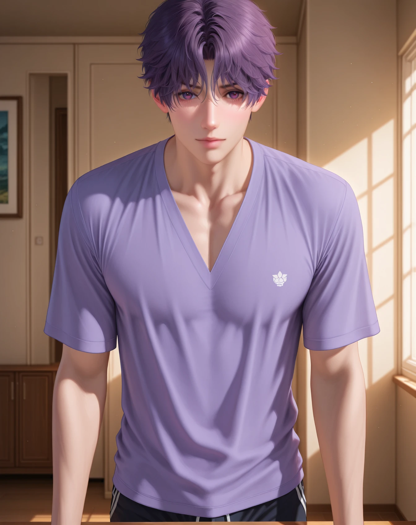 masterpiece, best quality, absurdres, very aesthetic, 
1boy, solo, yaoi, male focus, realistic, 
looking at viewer, cowboy shot, facing viewer,
 <lora:Rafayel_LnDS:1> lndsrafayel, purple hair, purple eyes, short hair, hair between eyes, 
indoors,