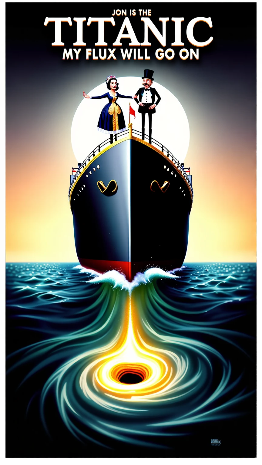 <lora:EverlyHeightsWeirdosFLUX:1> "Titanic Weirdos: My Flux Will Go On" â A parody of the "Titanic" poster, showing two characters in ridiculous period outfits on the bow of a sinking ship, with a glowing vortex in the ocean instead of water.