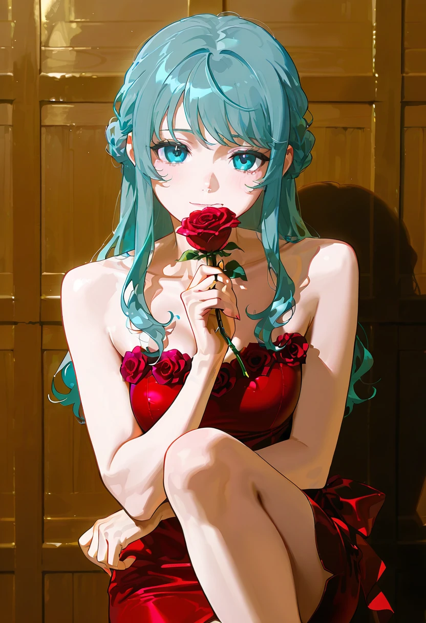 1girl,solo,looking at viewer, echo (circa), wrc dress, bare shoulders, rose, yamagishi_fuuka