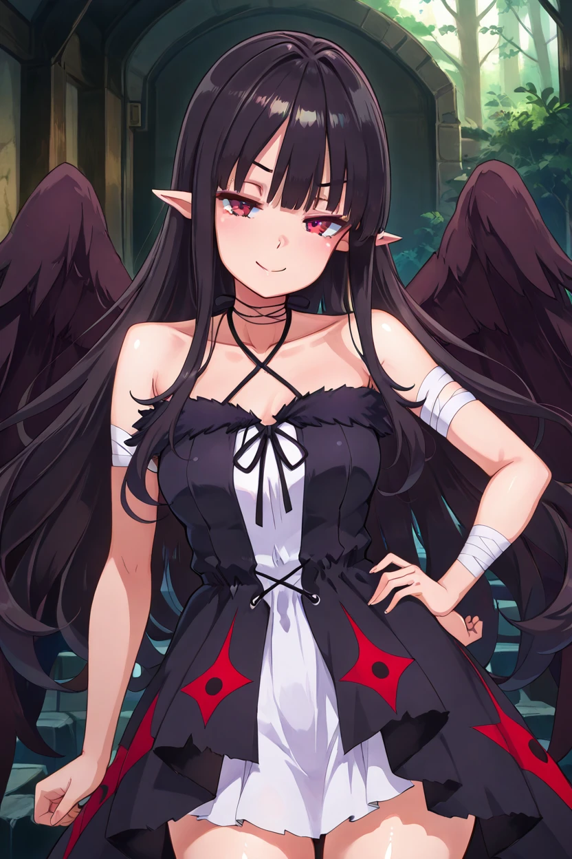 masterpiece, best quality, solo, curvy, beautiful eyes,,<lora:EveReeseIXL:1.0>, zzEve, long hair, bangs, black hair, red eyes, pointy ears,   black wings, bare shoulders, halterneck, black dress, collarbone, bandages,  cowboy shot, hand on hip, smug, smile, looking at viewer, shiny skin,