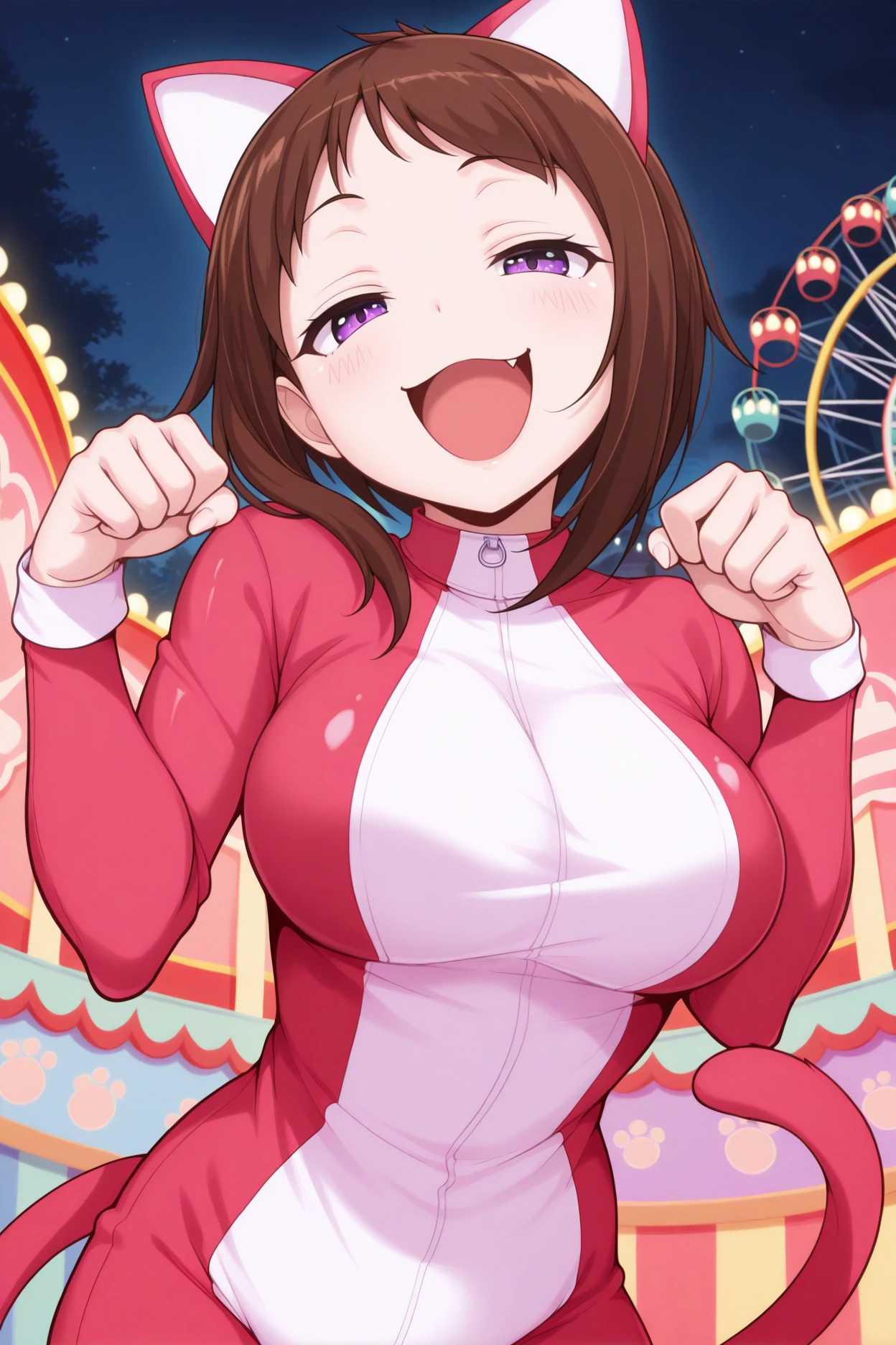 masterpiece, best quality, 1girl, solo,  <lora:wakanaui-illu-nvwls-v1:1> w4kanaui, brown hair, short hair, purple eyes, large breasts, animal suit, cat suit, looking at viewer, happy, smug, open mouth, paw pose, night, amusement park