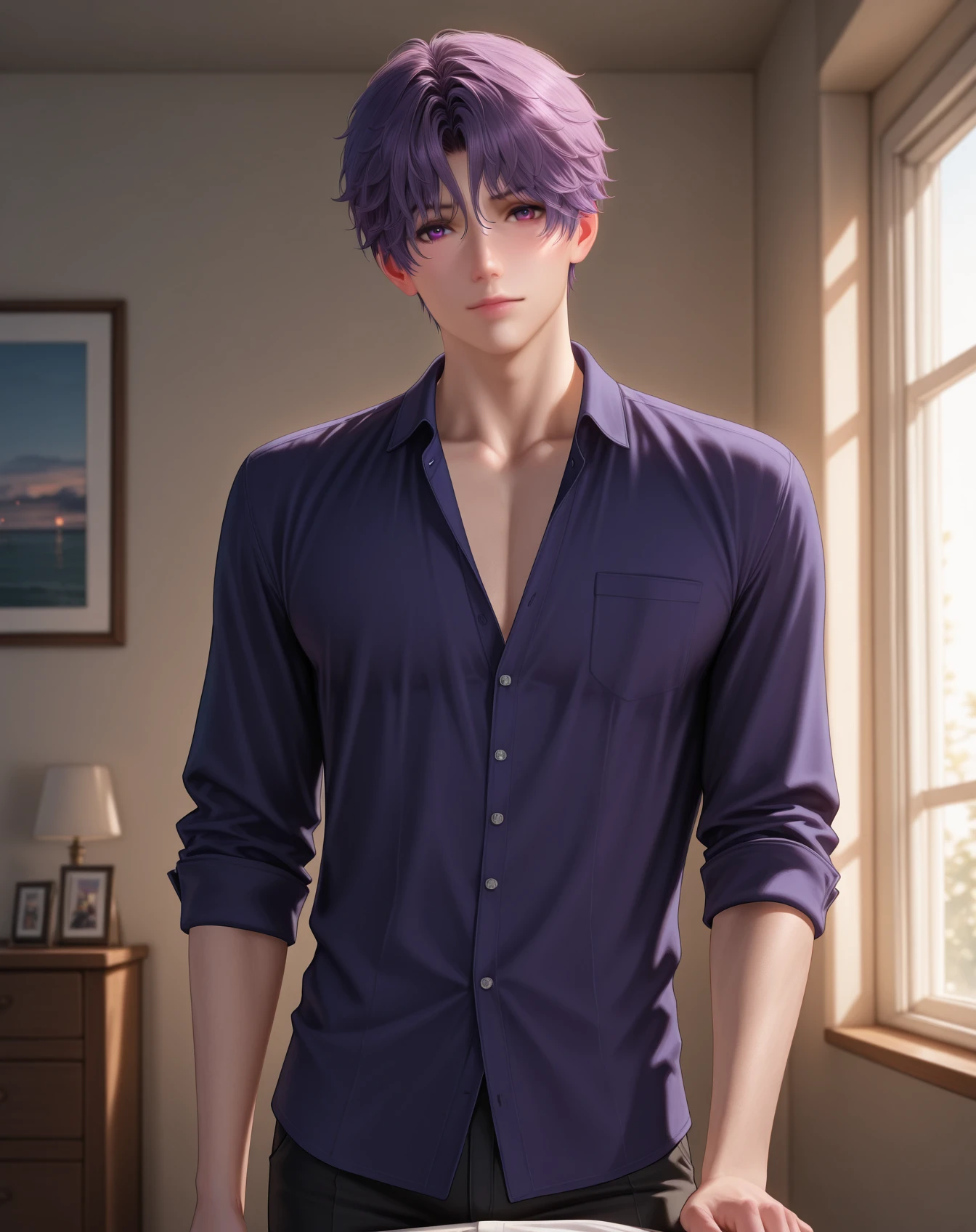 masterpiece, best quality, absurdres, very aesthetic, 
1boy, solo, yaoi, male focus, realistic, 
looking at viewer, cowboy shot, facing viewer,
 <lora:Rafayel_LnDS:1> lndsrafayel, purple hair, purple eyes, short hair, hair between eyes, 
indoors,