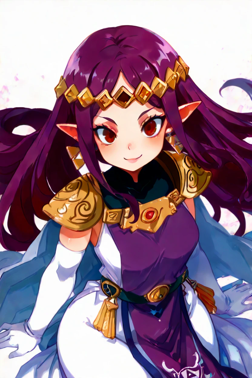 masterpiece, best quality, solo, curvy, beautiful eyes,,<lora:HildaZeldaIXL:1.0>, zzHilda, red eyes, purple hair, long hair, pointy ears,  tiara, white gloves, dress, elbow gloves, jewelry, makeup, earrings, purple tabard, triforce, shoulder armor, tiara,from above, dynamic pose, cowboy shot, smile, looking at viewer, shiny skin,<lora:HaradaTakehitoIXL_v3:1.3>, <lora:ZankuroIXLLight_v2:0.6>,