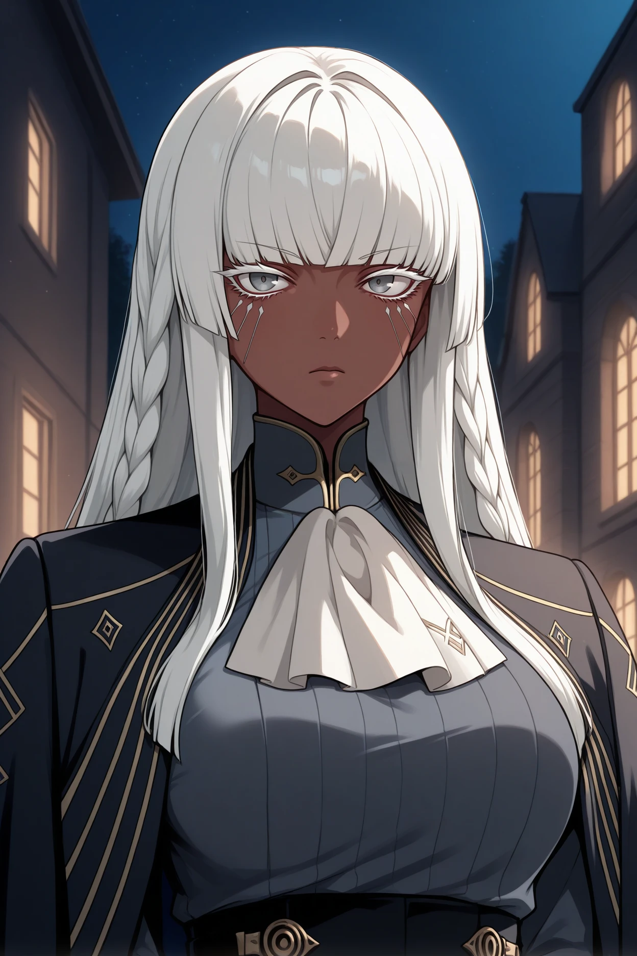 masterpiece, best quality, 1girl, solo,  <lora:brigitta-illu-nvwls-v1-000005:1> brigitta, white hair, braid, long hair, blunt bangs, sidelocks, grey eyes, dark-skinned female, facial mark, large breasts, black coat, coat on shoulders, grey shirt, ribbed shirt, white ascot, black pants, high-waist pants, black gloves, upper body, looking at viewer, night, victorian architecture, bored, portrait