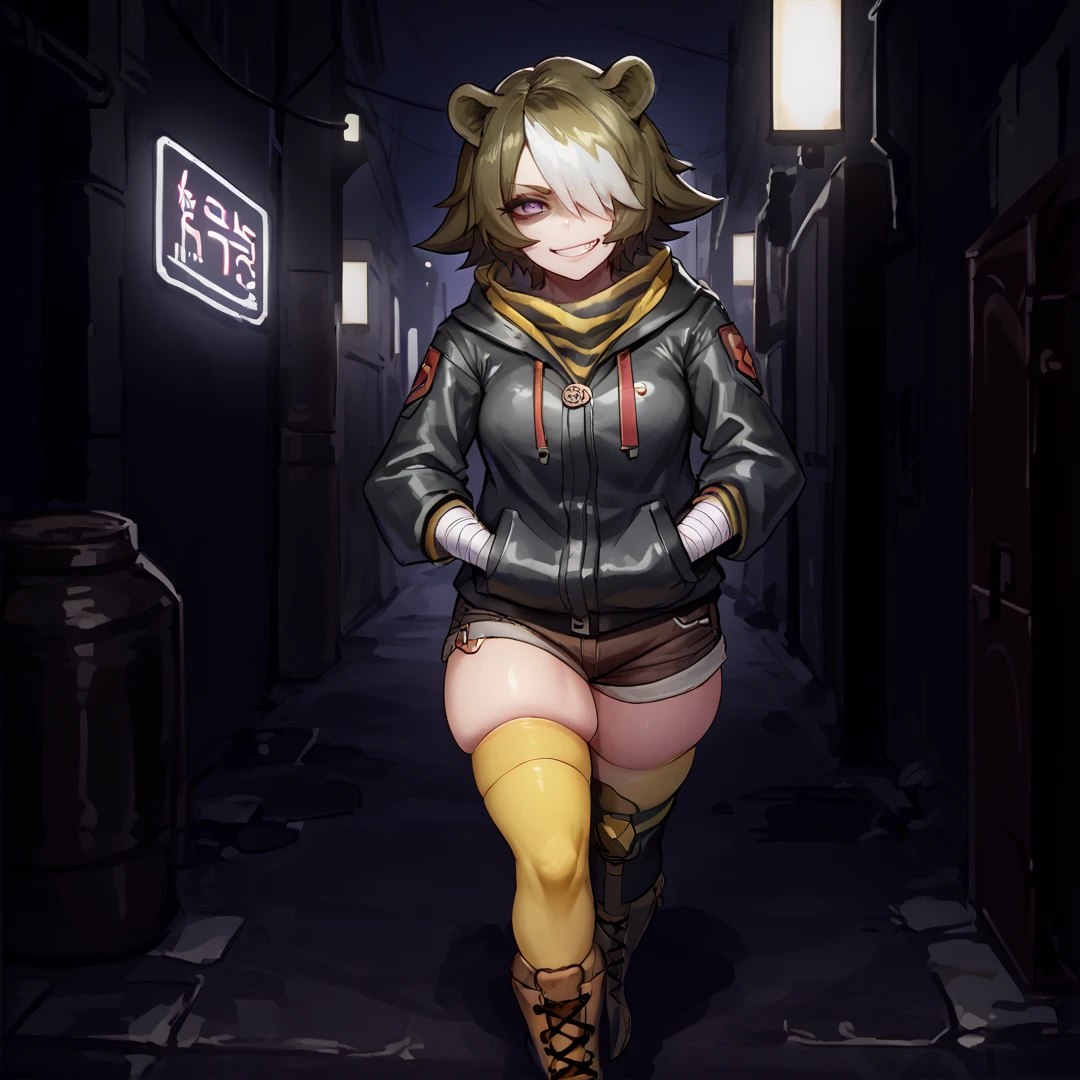 Masterpiece, high quality, score_9, score_8_up, score_7_up, highly detailed, 1girl, walking towards viewer, hands in pockets, kubrick stare, evil grin, dark background, shaded face, thick thighs, skindentation,   <lora:Arknights_Beehunter_PONY_XL:0.8>   akbeehunter, bear ears, brown hair, white hair purple eyes, short hair, multicolored hair, hair over one eye, black jacket, short shorts, boots, yellow single thighigh, long sleeves, bandaged hand, striped,  <lora:ã¿ãã¡ãMirin_Chikuwa_artstyle:0.75> alley, nighttime , dark alley, neon lights,  abandoned, steam, <lora:CanvasSolaris_Style_V2.5:0.5> cnvsls, uncensored