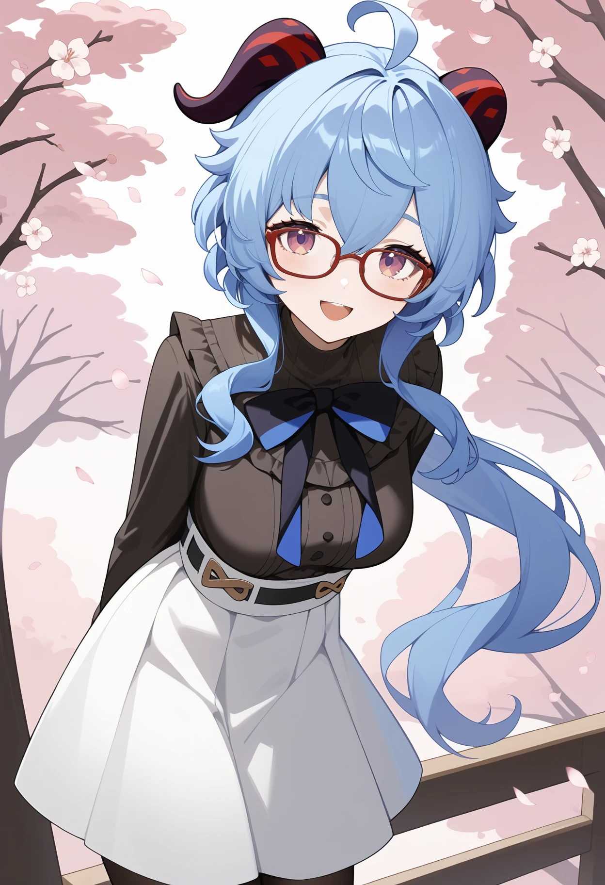 score_9, score_8_up, score_7_up, score_6_up, score_5_up, score_4_up, source_anime, aaganyu, long hair, blue hair, horns, ahoge, purple eyes, glasses, red-framed eyewear, medium breasts, turtleneck, black bowtie, frills, black shirt, long sleeves, shirt tucked in, belt, high-waist skirt, white skirt, black pantyhose, <lora:ganyu_(genshin_impact)_ponyxl_v1:0.9>, arms behind back, leaning forward, standing, outdoors, open mouth, cherry blossoms, smile, outdoors,