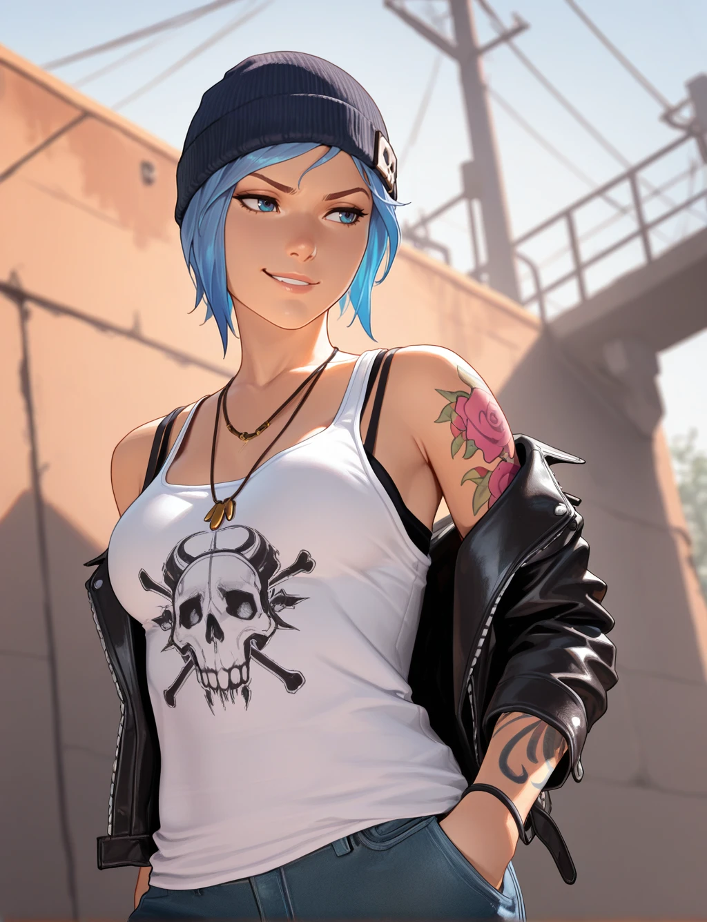 masterpiece,best quality,amazing quality,very aesthetic,absurdres,newest,scenery,highres,1girl,solo, cowboy shot, chloeprice:1.2, medium breasts, blue eyes, blue hair, necklace, tanktop with a skull, beanie, leather jacket, bare shoulders, jacket off-shoulder, arm tattoo, low angle, smirk, <lora:ChloePrice_IL_v1:0.7>