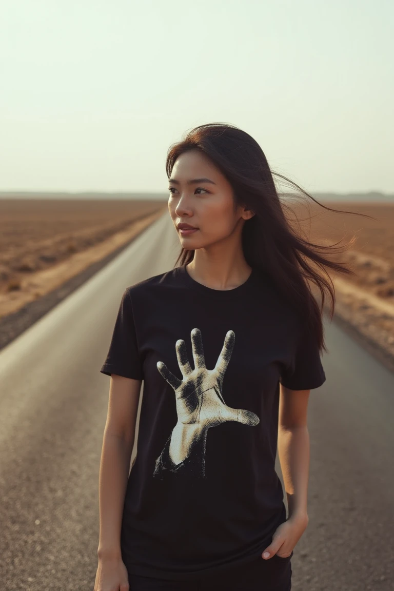 A beautiful Chinese woman with elegant features, wearing a rock t-shirt, stands on a lonely road surrounded by vast, open landscapes. The shot is framed wide, capturing her in a contemplative pose, gazing into the distance. The lighting is soft and diffused, with the sun casting long shadows across the road, enhancing the sense of solitude. The composition emphasizes her as the central figure, with the endless road stretching into the horizon, creating a mood of introspection and freedom. The atmosphere is serene yet evocative, blending her modern rock-inspired style with the timeless beauty of the natural surroundings.