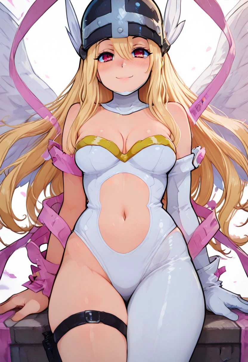 blonde hair, nude, naked, nipple, long hair, angel wings,large breasts, bare shoulders, elbow gloves, feathered wings, gloves, head wings, navel, pink ribbon, ribbon, single elbow glove, single glove, thigh strap, wings