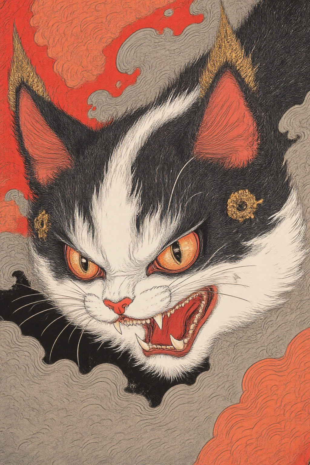 This is a traditional Japanese ukiyo-e style woodcut painting depicting a fierce black and white dog with striking orange eyes and a threatening expression. The fur lines of dogs express delicacy, with bold and rotating strokes, giving people a vibrant and lively appearance. The background is filled with rotating abstract patterns of red, orange, and gray, evoking a sense of movement and energy. The dog's ears are adorned with a magnificent golden design, adding a touch of elegance and mystery. The overall composition is rich in color and texture, which is a typical example of ukiyo-e art, emphasizing bold contours and bright tones.