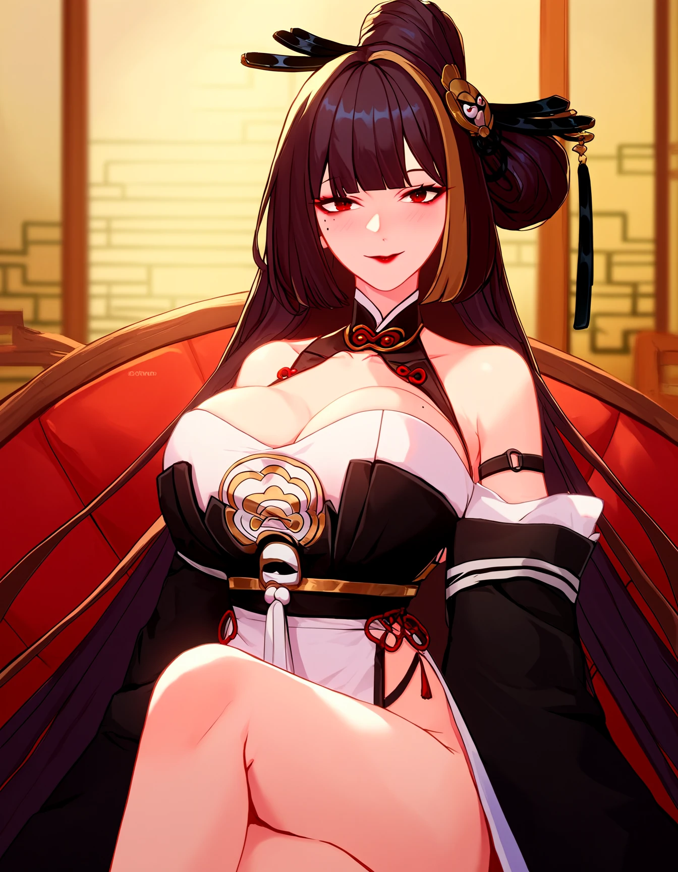 score_9, score_8_up, score_7_up, score_6_up, source_anime, Ji_Yu_ToF, default_outfit, red eyes, mole, long hair, very long hair, hair ornament, cleavage, huge breasts, mole under eye, bare shoulders, makeup, lipstick, looking at you, blush, smile, inside a comfy room