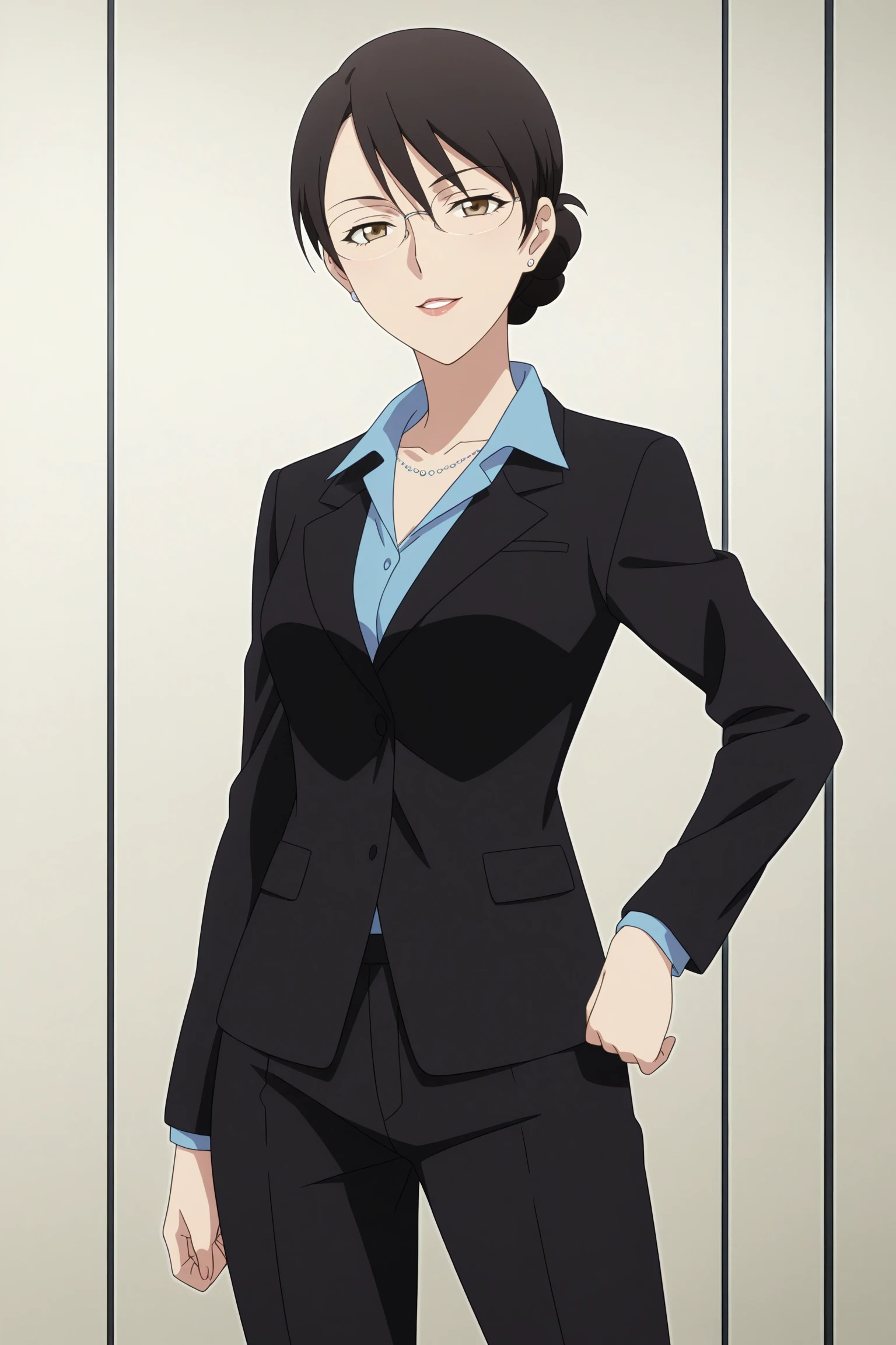 masterpiece, best quality, amazing quality, highres, absurdres, very aesthetic, high resolution, ultra detailed, perfect details, 1girl, solo, indoors, kikuchihara aki, black hair, short hair, hair bun, swept bangs, brown eyes, rimless eyewear, stud earrings, necklace, pant suit, black jacket, blue shirt, collared shirt, necklace, black pants, black footwear, high heels, <lora:Aki_Kikuchihara_ILXL:0.8>, (aged up:1.4), (cowboy shot:1.2), smile, (pose:1.4), anime screencap, parted lips, half closed eyes