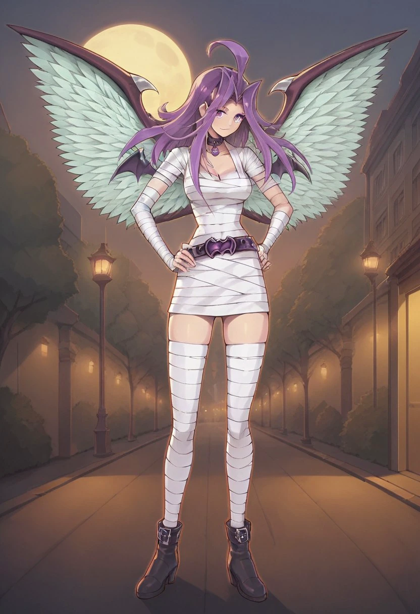 score_9_up, score_9, score_8_up, score_8, score_7_up, score_7, score_6_up, score_6, score_5_up, source_anime, Rating_explicit, fine anime screencap_xl, anime screencap
1girl, wings, solo, purple hair, bandages, shoes, long hair, belt, striped, duel monster, multiple wings, ahoge, demon wings, angel wings, collar, bandaged arm, dress, buckle, purple eyes, BREAK
standing, looking at viewer, hands on hips, BREAK,
city, night, moon, cityscape, street, sidewalk, houses, trees