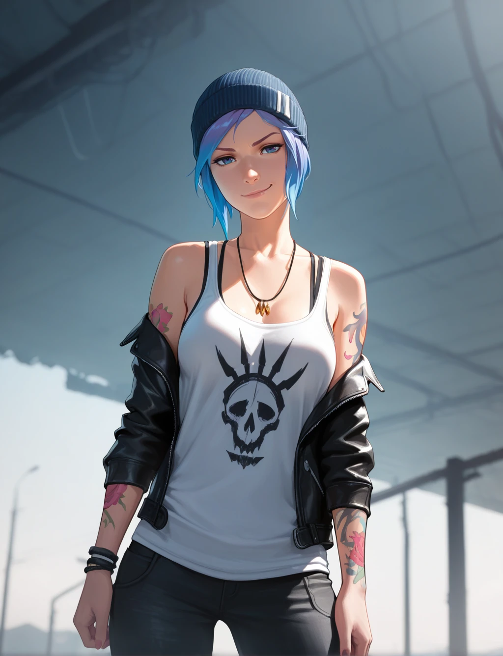 masterpiece,best quality,amazing quality,very aesthetic,absurdres,newest,scenery,highres,1girl,solo, cowboy shot, chloeprice:1.2, medium breasts, blue eyes, blue hair, necklace, tanktop with a skull, beanie, leather jacket, bare shoulders, jacket off-shoulder, arm tattoo, low angle, smirk, <lora:ChloePrice_IL_v1:1>
