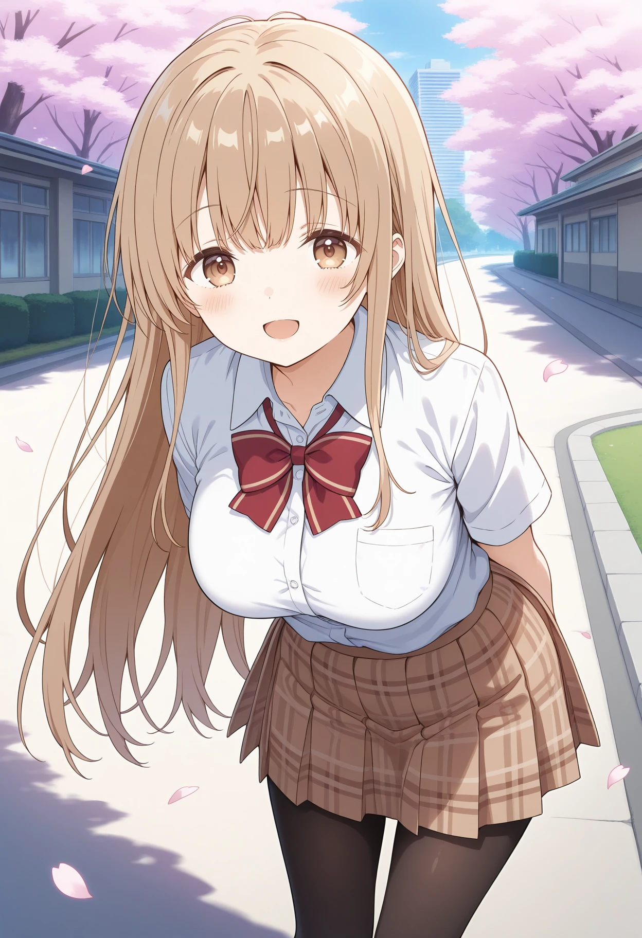 1girl, aamahiru, long hair, brown hair, brown eyes, breasts, school uniform, red bowtie, collared shirt, white shirt, short sleeves, plaid skirt, brown skirt, black pantyhose, <lora:shiina_mahiru_ilxl_v1:0.9>, arms behind back, leaning forward, standing, outdoors, open mouth, cherry blossoms, smile, building, road,
masterpiece, best quality, amazing quality,