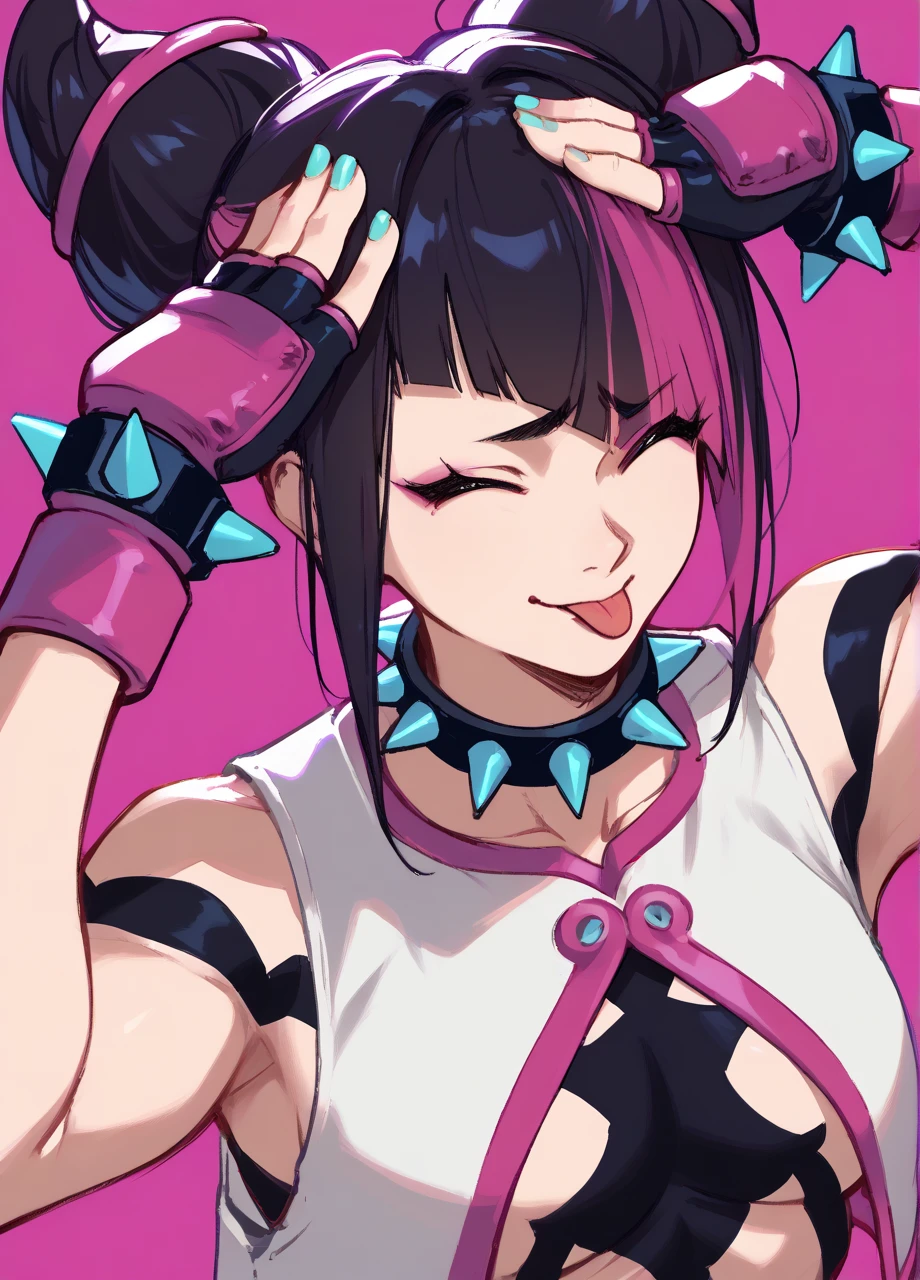 <lora:SF_Juri-PONY:0.8> sfvjuri, cone hair buns, sidelocks, bangs, black hair, purple hair, heterochromia, streaked hair, spiked collar, white vest, spiked bracelets, fingerless gloves, 1girl, solo, aqua nails,  <lora:AhEtoBlehMeme_pdxl_Incrs_v1:0.8> AhEtoBlehMeme, closed eyes, tongue out, :p, hands on own head, smile, score_8_up, score_7_up, score_6_up, score_5_up