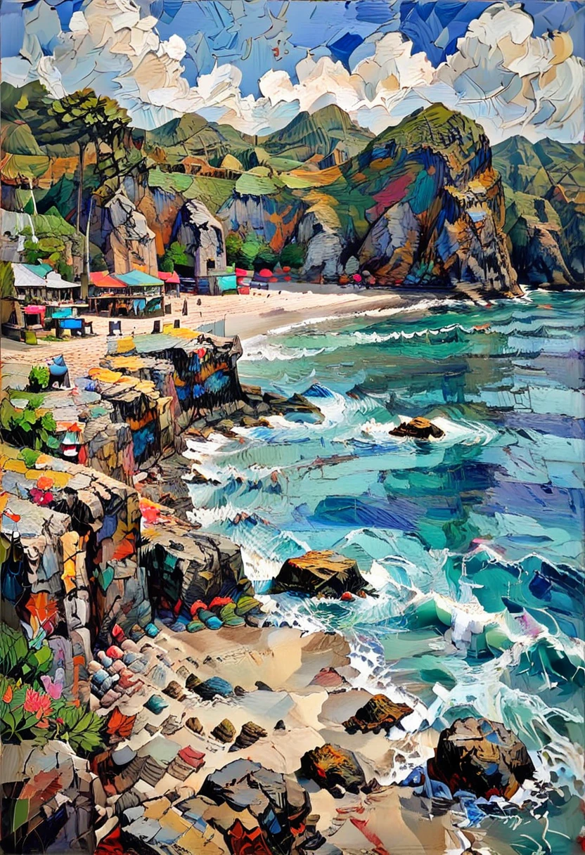 A Sundanese beach with colorful fishing boats and rocky cliffs, Sundanese Nature and Landscapes,in memadukan_painter art style, <lora:Memadukan_Brush_Strokes_of_Fineart_SDXL:1.0>, memadukan_painter, Brush Strokes, Impasto