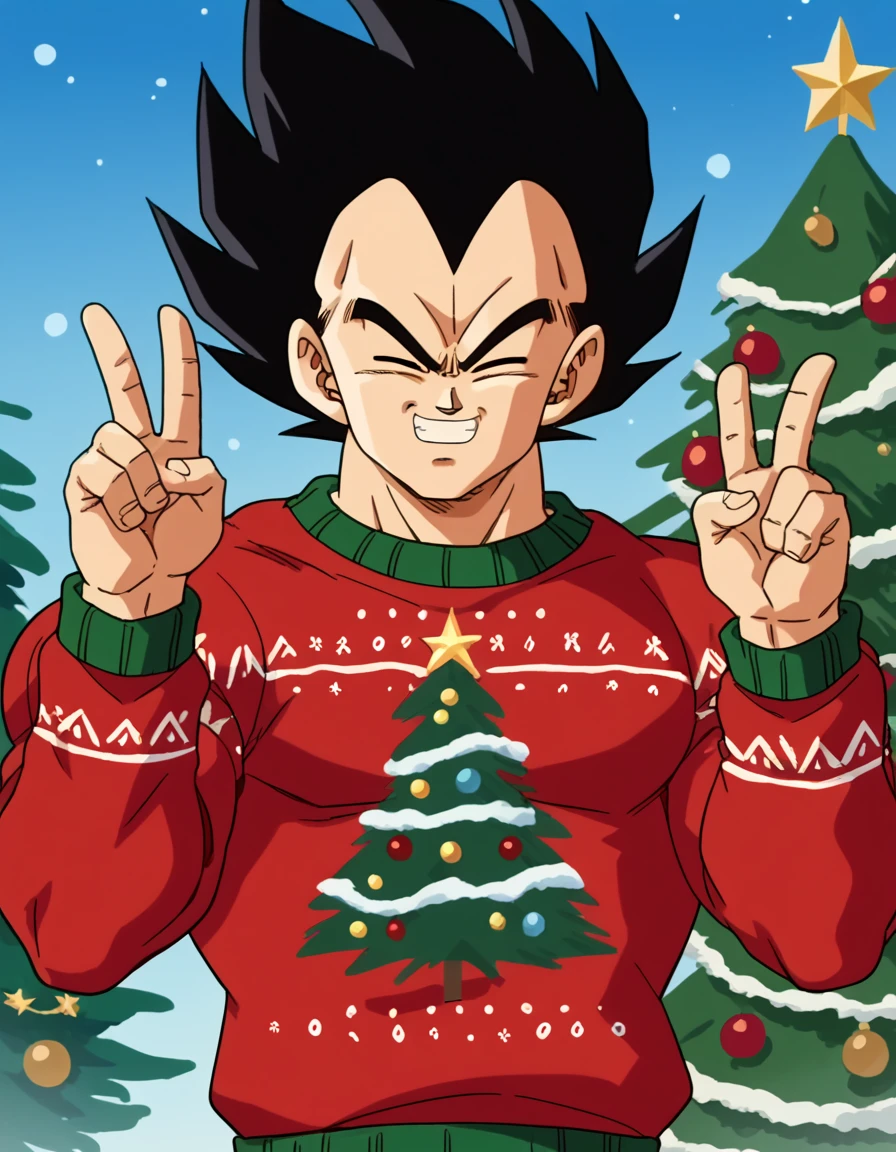 score_9, score_8_up, score_7_up, source_anime, <lora:vegeta-anime-ponyxl-lora-nochekaiser:1>, vegeta, black hair, male focus, black eyes, muscular, muscular male, spiked hair, retro artstyle, anime screencap, <lora:christmas-sweater-ponyxl-lora-nochekaiser:1>, christmas sweater, christmas, ugly sweater, print sweater, red sweater, christmas tree, christmas ornaments, sweater, multicolored sweater, , v, smile, hands up, teeth, closed eyes, cowboy shot,, , dutch angle, cowboy shot