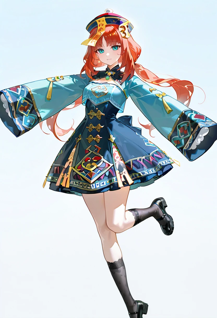 1girl,solo,looking at viewer, echo (circa),jiangshi, hat, ofuda, dress, black footwear, chinese clothes, qing guanmao, sleeves past wrists, socks, sleeves past fingers, wide sleeves, long sleeves, outstretched arms, nilou_(genshin_impact)