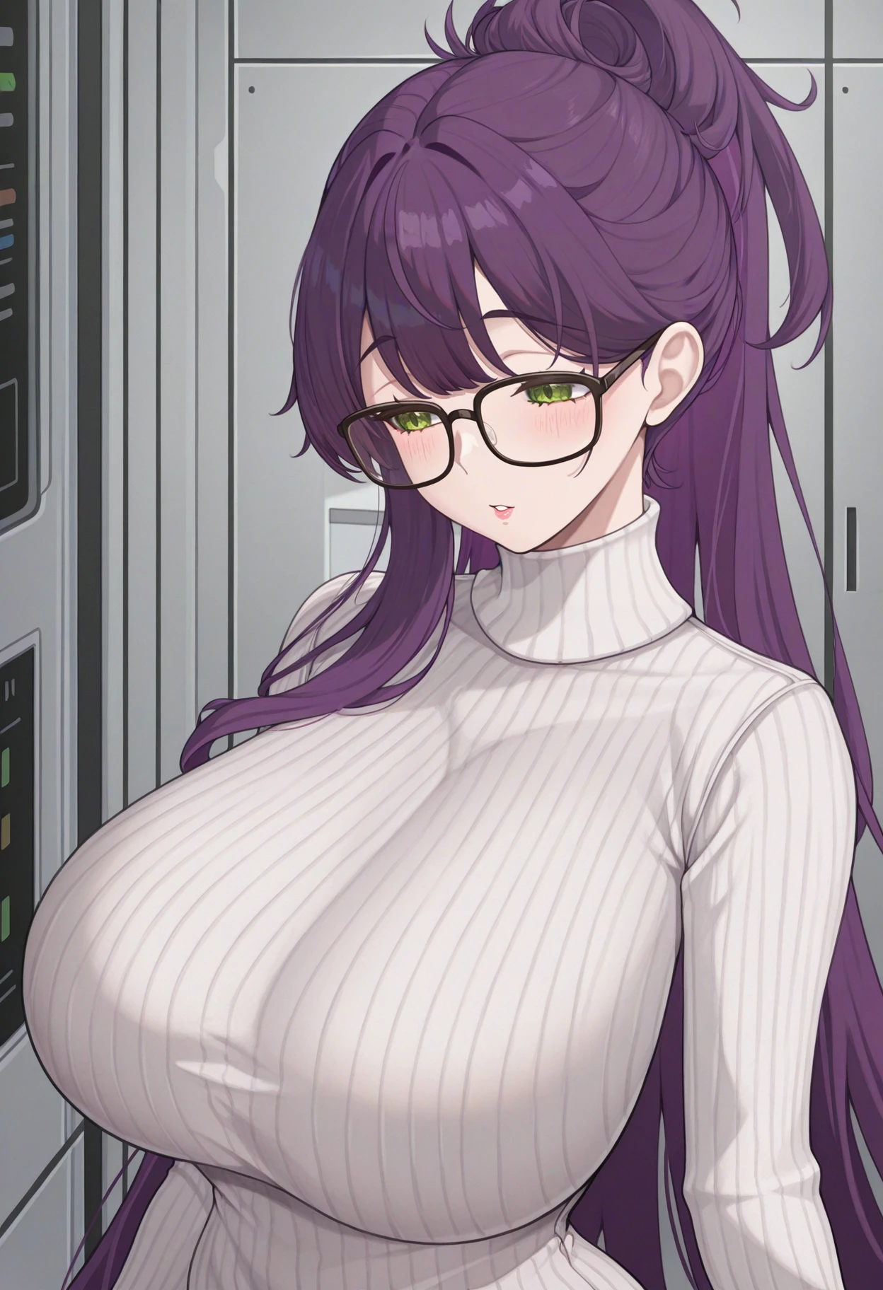 masterpiece, best quality, newest, absurdres, highres, 1girl, solo, <lora:ether-nikke-richy-v1_ixl:1> ether, green eyes, glasses, purple hair, very long hair, ponytail, hair bun, huge breasts, white sweater, turtleneck sweater, ribbed sweater, sweater dress, blush, parted lips, indoors, science fiction,