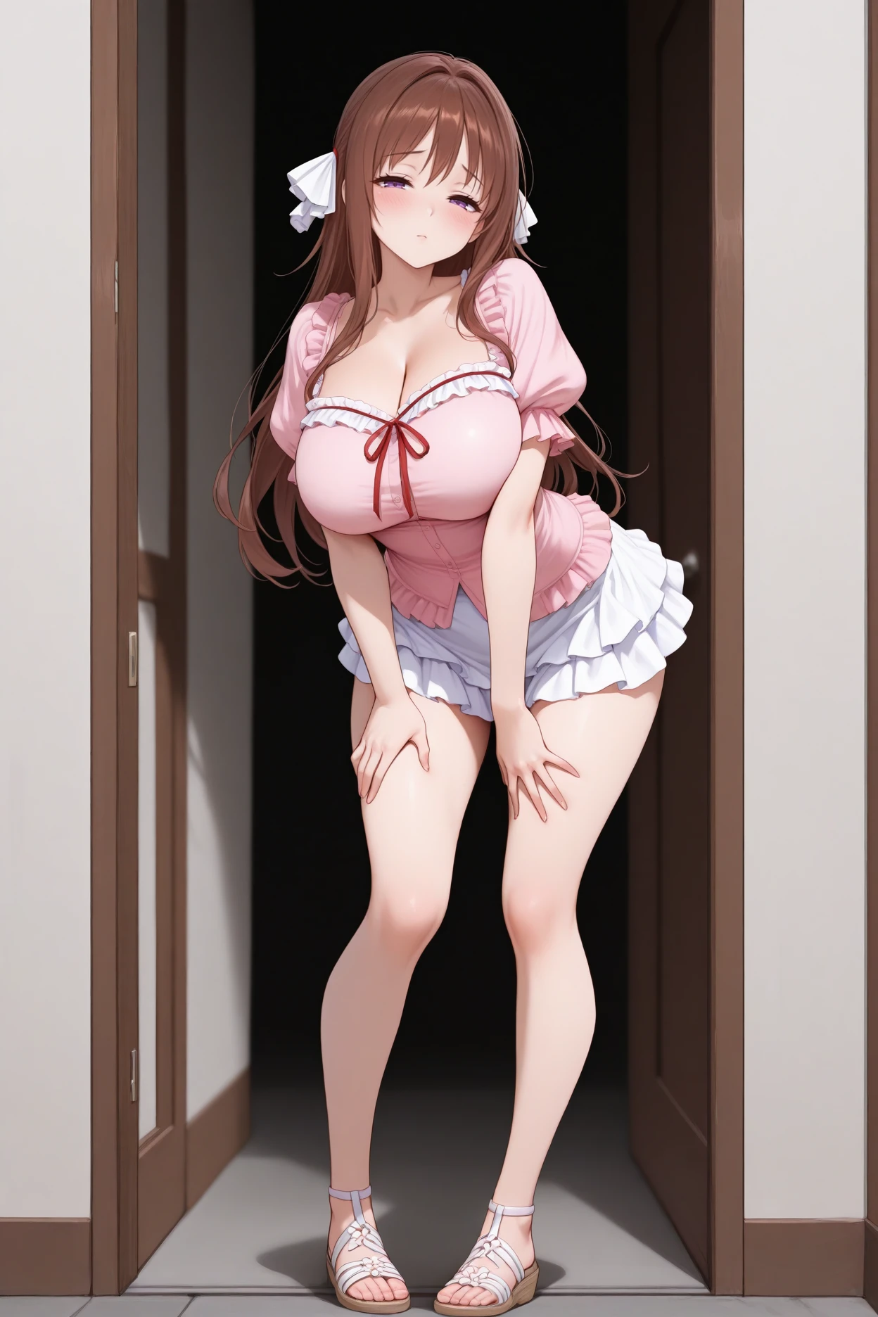 masterpiece, best quality, 1girl, solo <lora:csayuu-illu-nvwls-v1-000005:1> csayuu, brown hair, long hair, purple eyes, hair ribbon, white ribbon, red ribbon, pink shirt, puffy sleeves, frills, white miniskirt, big breasts, pigeon-toed, sandals, full body, standing, looking at viewer, hand on own thigh, blush, half-closed eyes, doorway