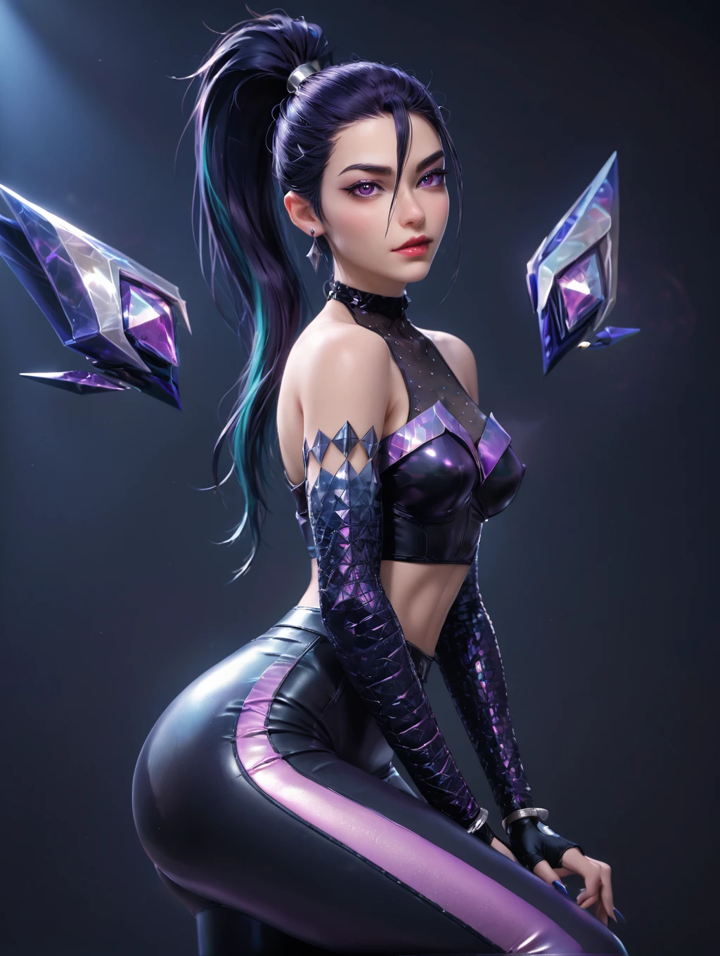 1girl, k/Da (league of legends), kaisa, (official k/da), (league of legends), purple high ponytail, k/da two-tone outfit, <lora:KaisaPonyV1:0.6>
looking at viewer, arms on side,