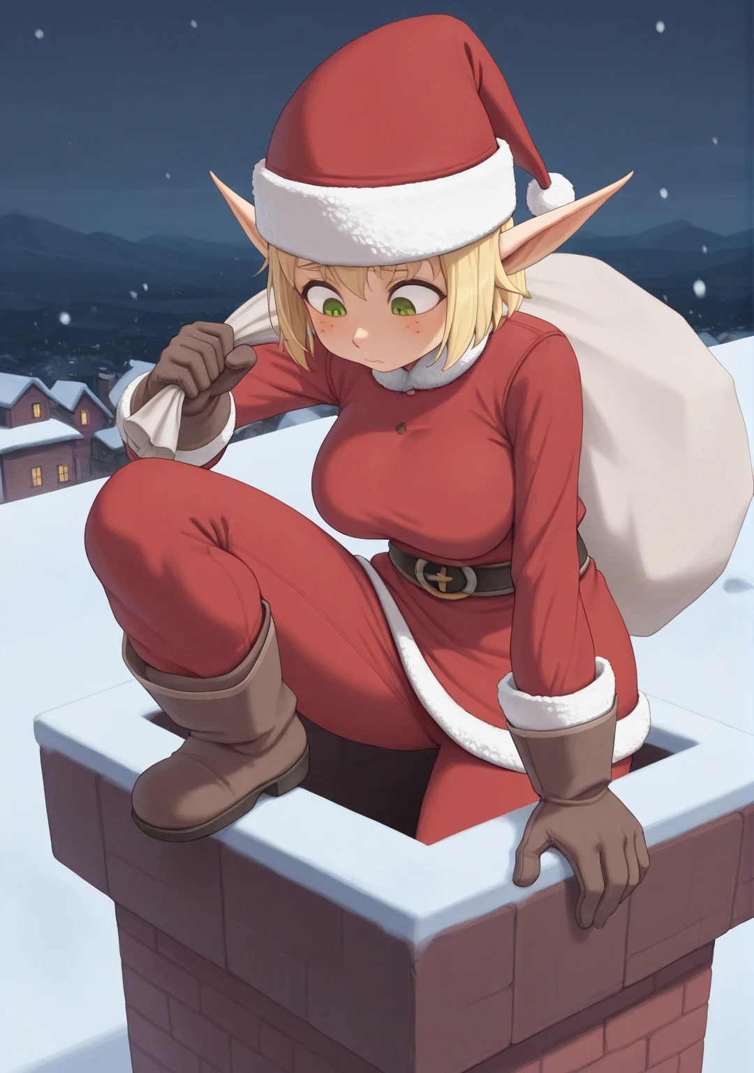masterpiece,best quality,amazing quality, 1girl, solo, large breasts, <lora:IlluEva:1> illueva, pointy ears, freckles, green eyes, blonde hair, short hair, <lora:chimney_Illust_v1:1> chimney, santa hat, santa costume, fur trim, sack, outdoors, snowing, looking down, long sleeves, brown gloves, night, holding, knee up, red pants,