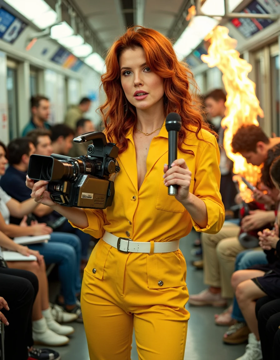 high fashion photo of AmandaCerny, dressed in cosplay as April O'neil holding a vintage camcorder in her right hand and a microphone in her left hand, in a subway, yellow jumpsuit breast pockets, white belt, white boots, red curly hair, there is a person on fire in the background, she has the camera pointed at the fire, and is speaking into the microphone,
sharp focus, highly detailed, selective focus, detailed hands