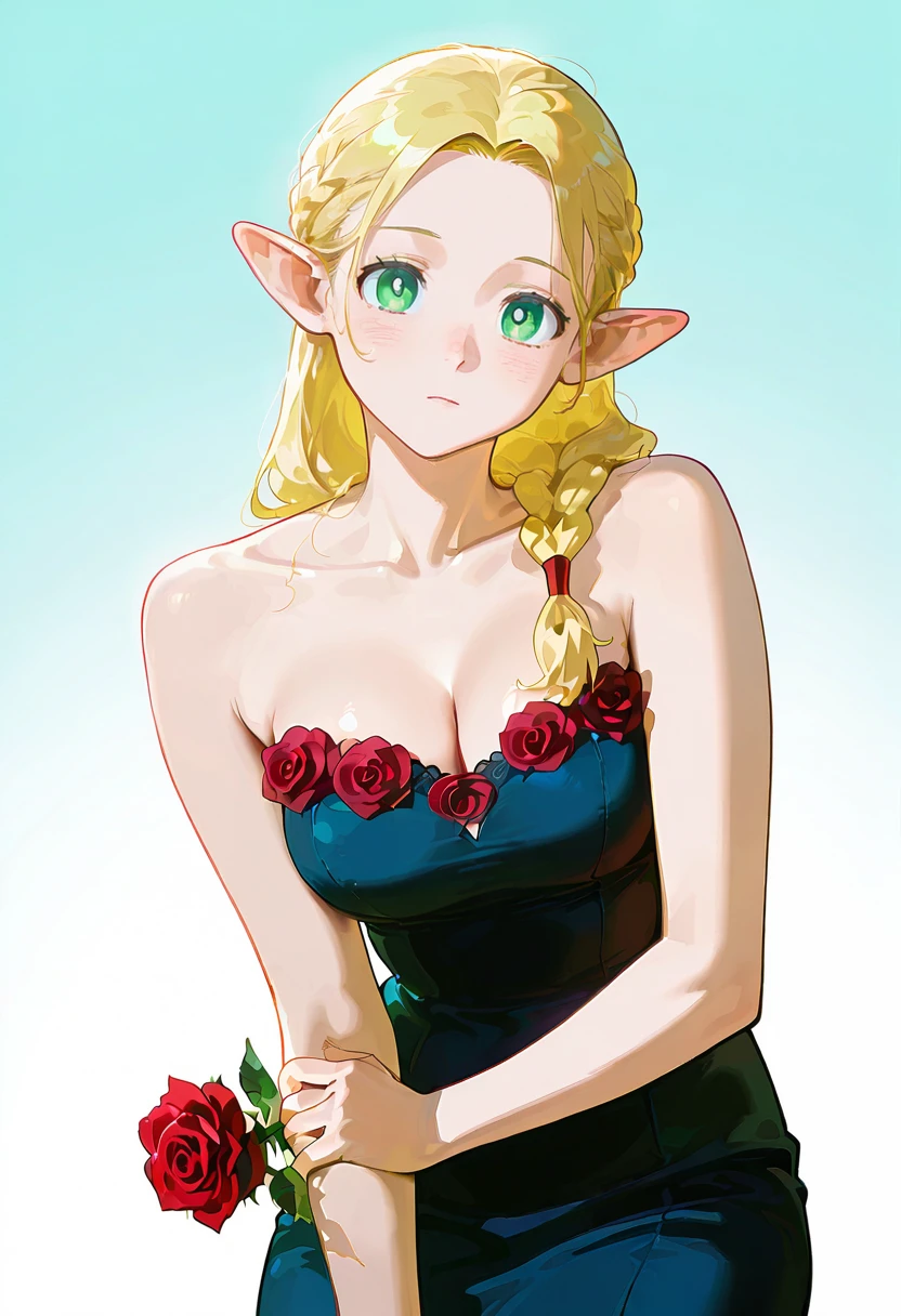 1girl,solo,looking at viewer, echo (circa), wrc dress, bare shoulders, rose, marcille_donato